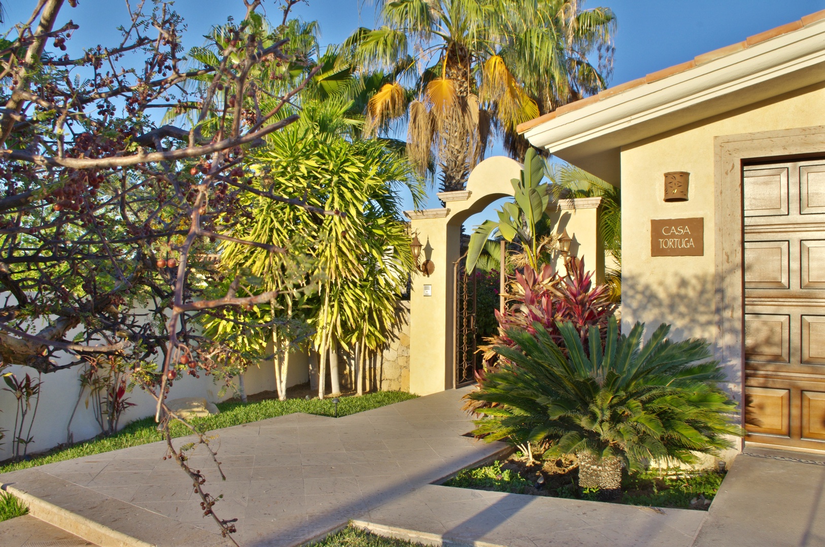 Casa Tortuga welcomes guests through an elegant arched entryway, surrounded by lush tropical palms and vibrant garden plantings under clear blue skies.