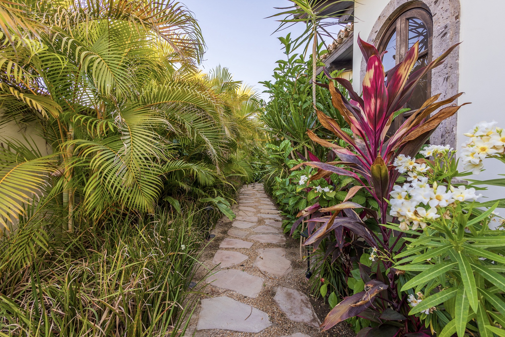 A serene stone pathway leads past vibrant tropical foliage with palms, colorful plants, and white blooms, offering a peaceful garden entrance to explore.