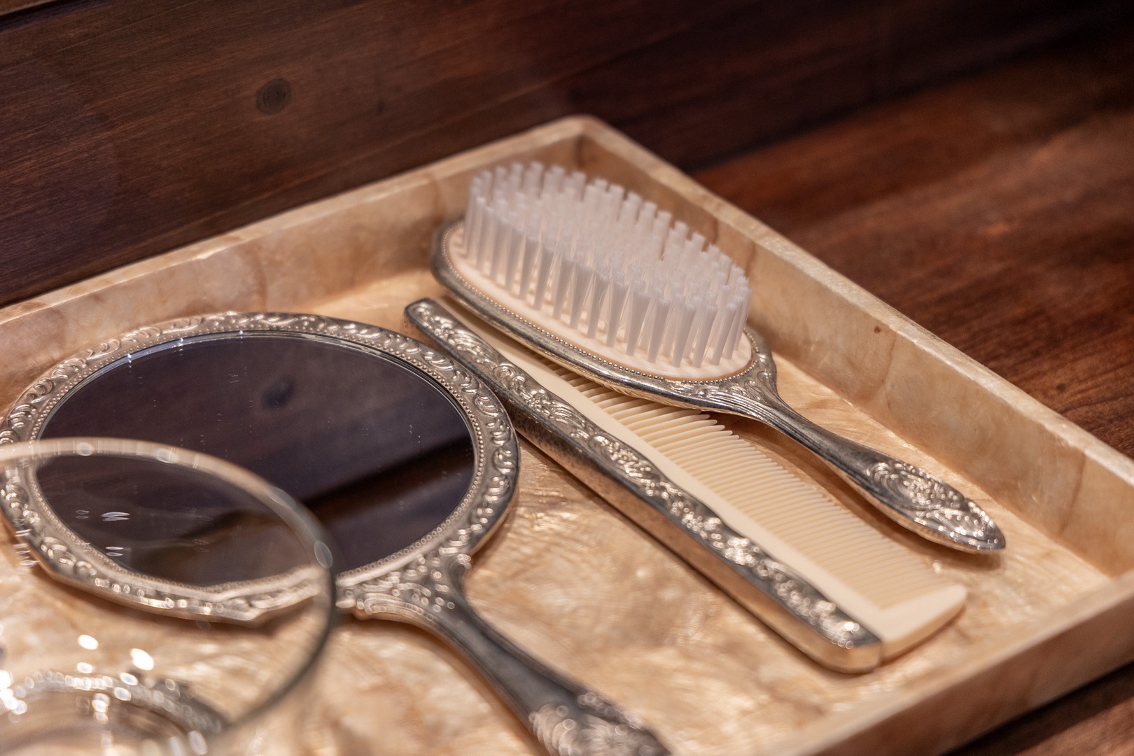 Elegant vintage grooming essentials await your arrival—adding a touch of timeless charm to your daily routine.