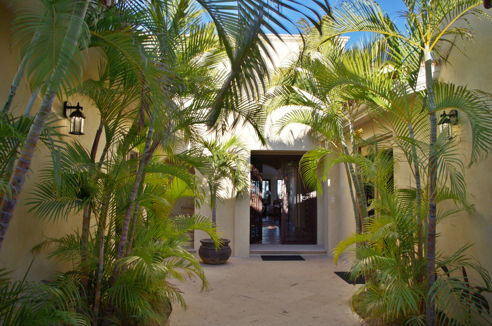 An inviting entrance flanked by lush tropical palms leads to the villa, marking the start of a relaxing tropical getaway under sunny skies.