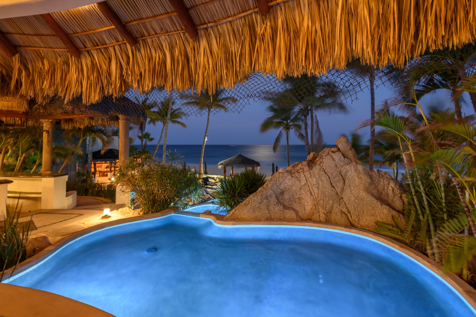 Slip into your private hot tub as twilight settles over the palm-fringed coast. Warm bubbles, ocean breeze, and the gentle sound of waves create an unforgettable evening escape.
