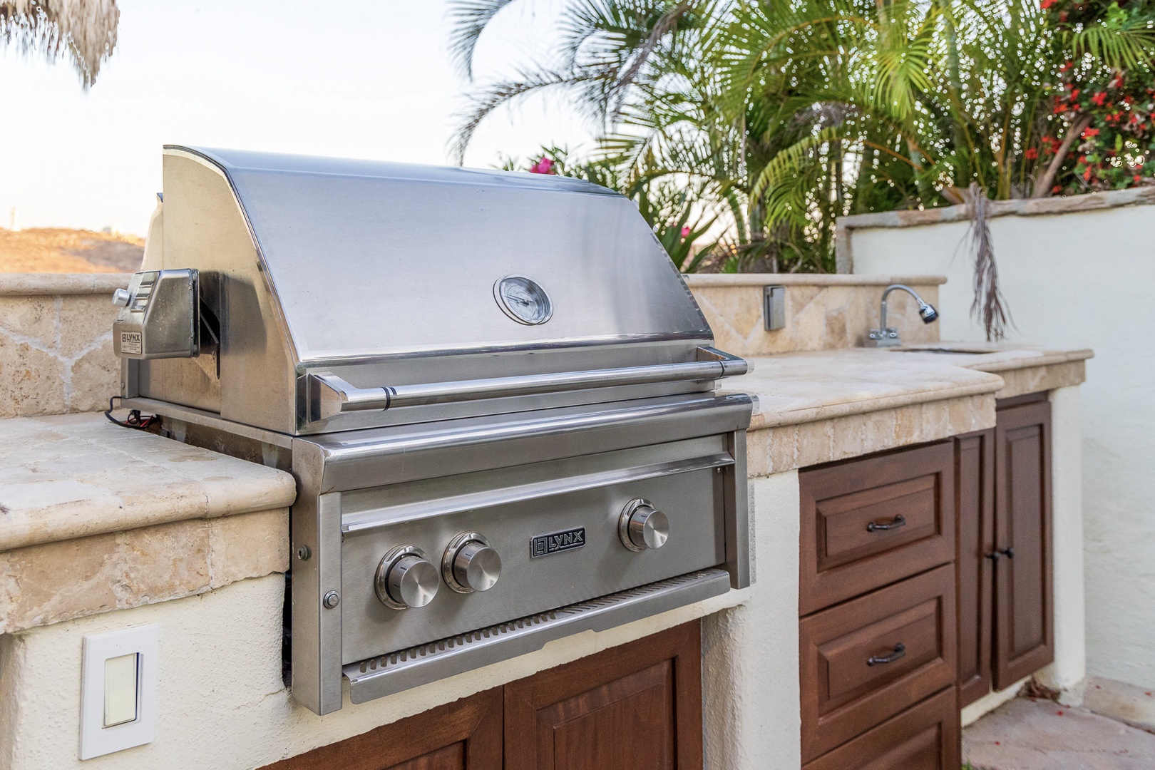 This outdoor BBQ station featuring stainless steel grill, tropical backdrop, and built-in storage awaits your culinary creations and alfresco gatherings.