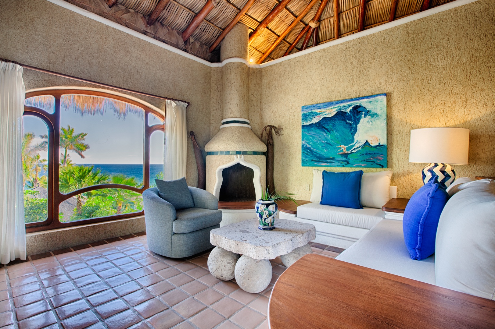 Your oceanfront suite blends Mexican charm with modern comfort—fireplace warmth, ocean breezes, and stunning sea views await.