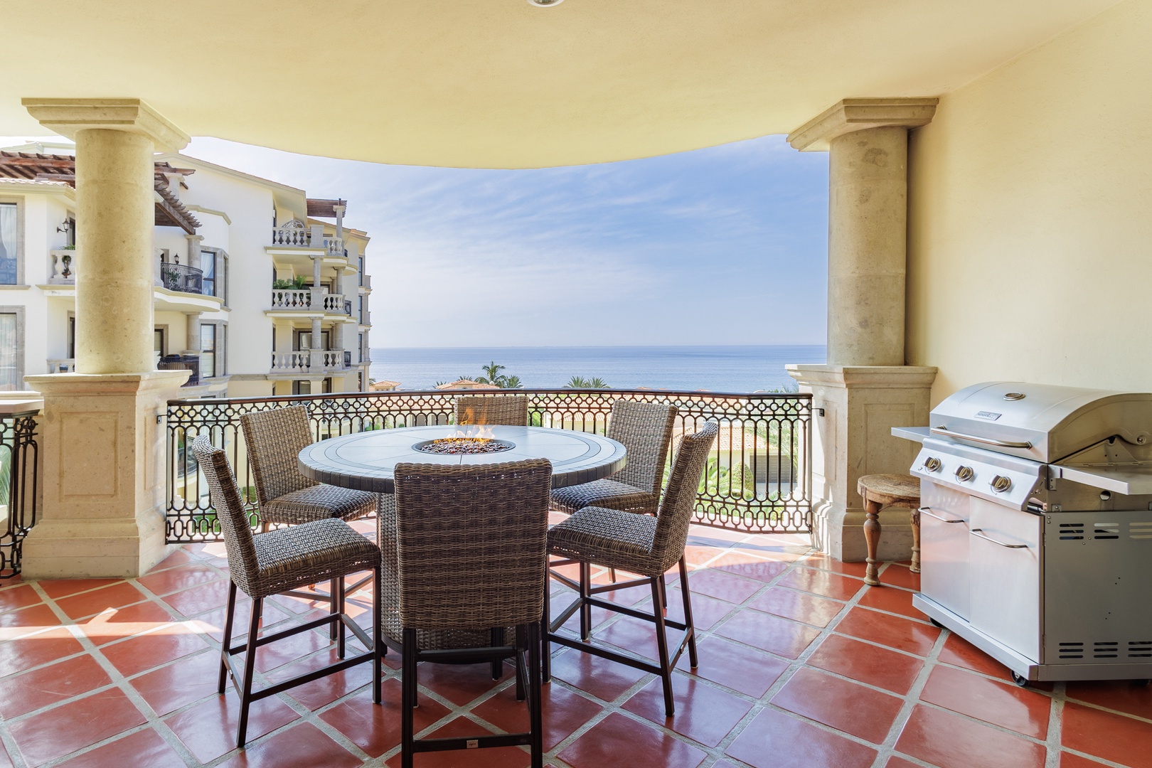 Imagine savoring morning coffee or grilling fresh seafood on your private terrace, where Mediterranean-style columns frame endless sea views and coastal breezes set the tone for your escape.