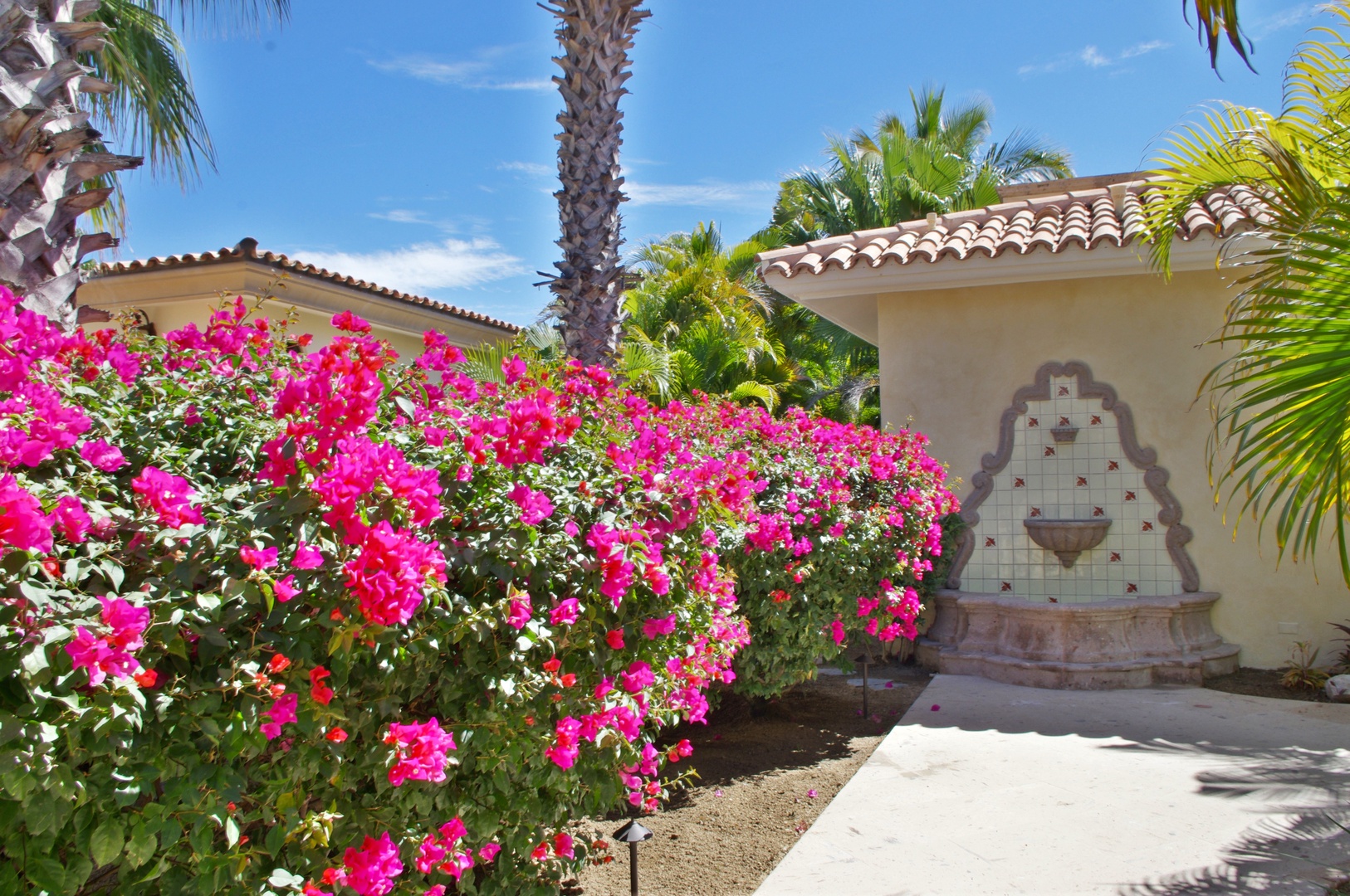 Beige stucco villa with Spanish tile roofing, decorative tiled fountain, vibrant bougainvillea blooms, and tropical palm trees mark the property entrance and surrounding area.