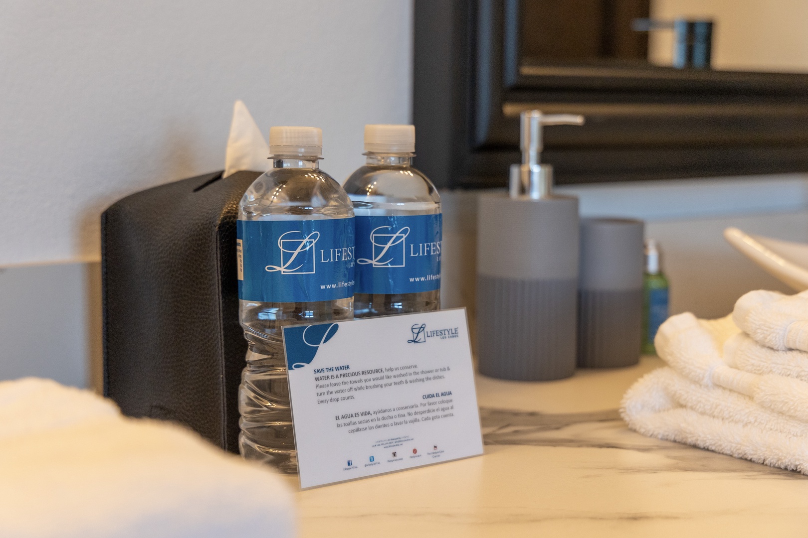 Fresh towels and complimentary bottled water await you on the vanity, ensuring your comfort from the moment you arrive.