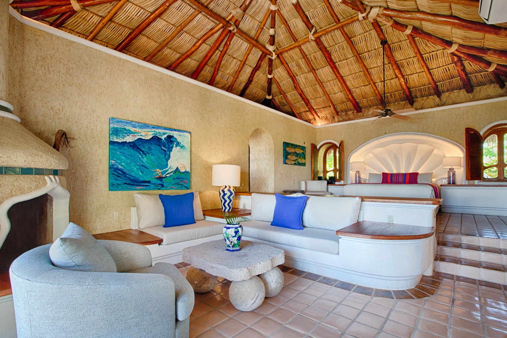 Your stunning suite features a traditional palapa roof and built-in seating perfect for unwinding after days of adventure.