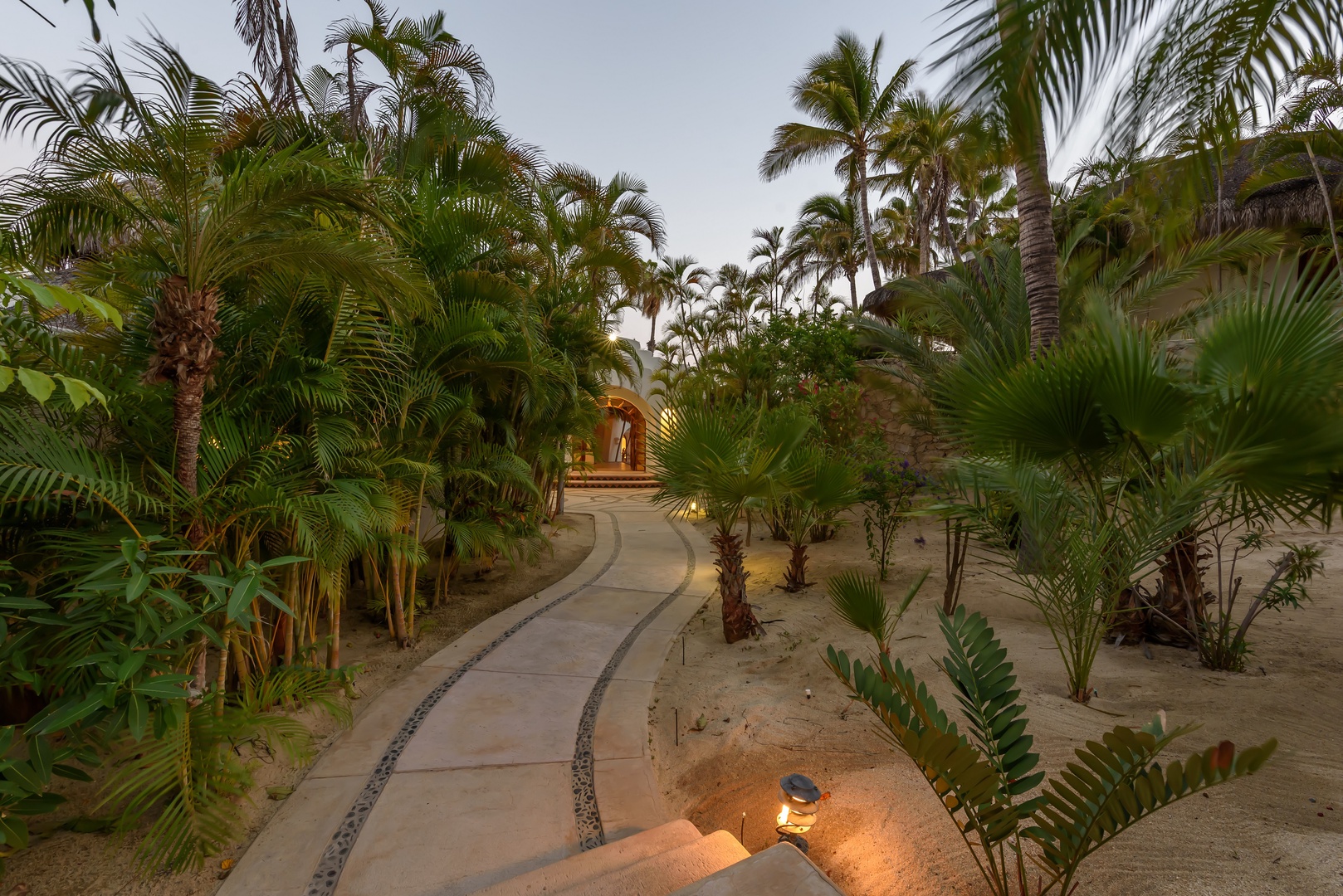 A winding pathway through lush tropical palms leads to this serene beachside property, blending natural beauty with warm ambient lighting for a tranquil arrival experience.