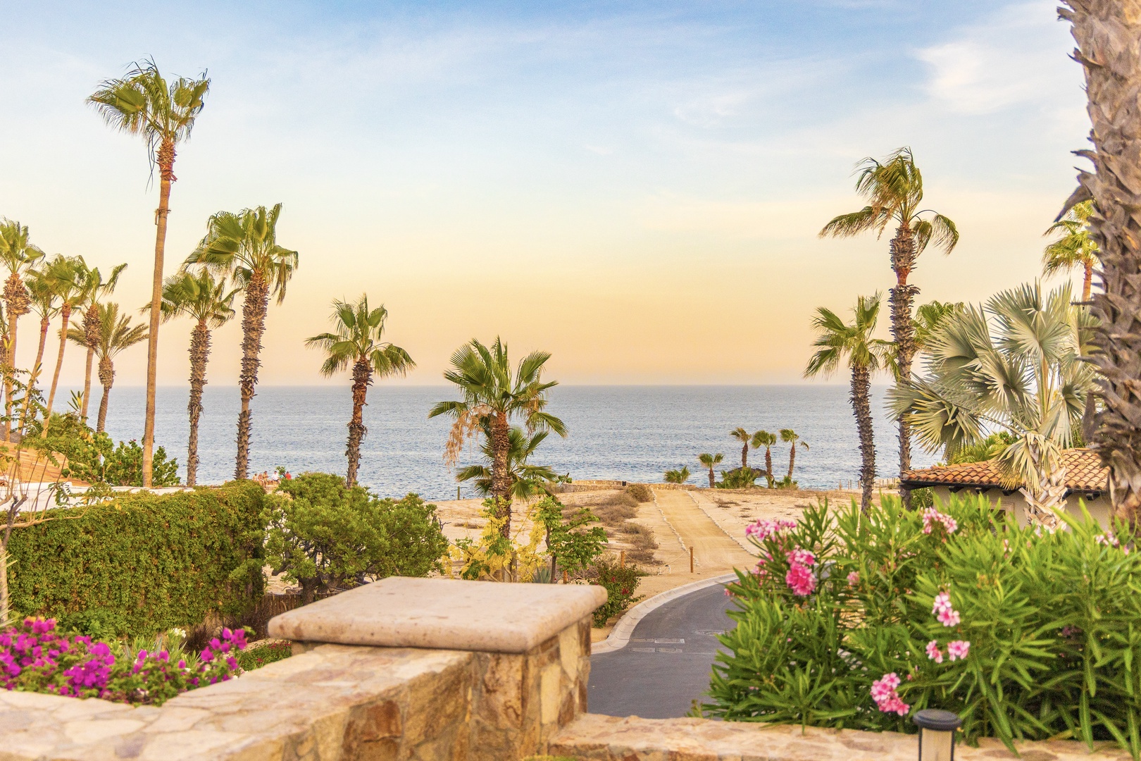 A peaceful garden pathway leads through swaying palms toward a stunning coastal vista, with lush landscaping and vibrant blooms framing the tranquil ocean beyond.