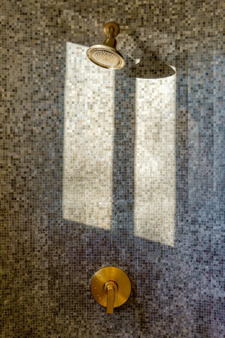 Step into your luxurious shower with stunning mosaic tiles and elegant brass fixtures for a spa-like experience.