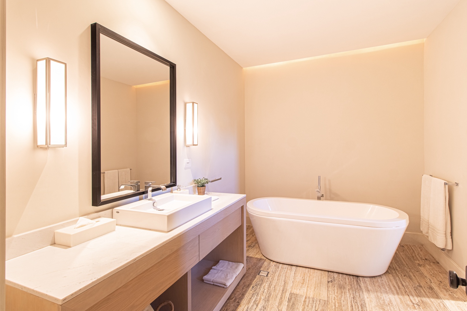 Slip into your private soaking tub and let warm water ease away the day. Soft lighting and clean lines create a peaceful sanctuary for your self-care rituals.