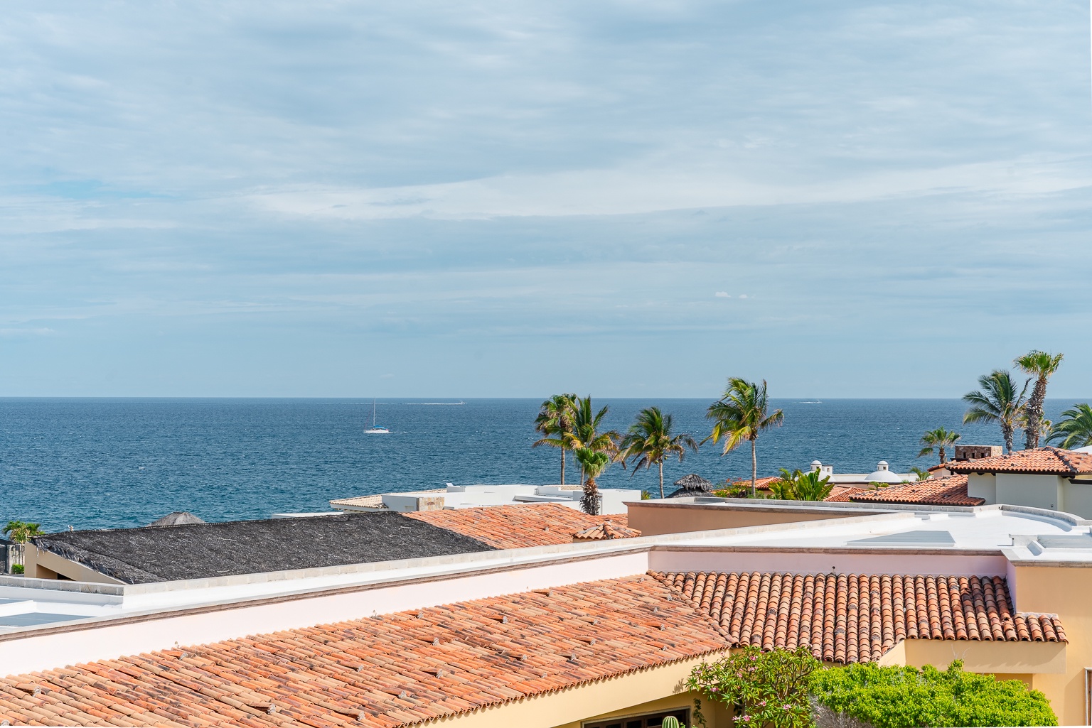 Coastal property with terra-cotta rooftops and palm trees overlooking the ocean, offering a warm-weather escape near the sea.
