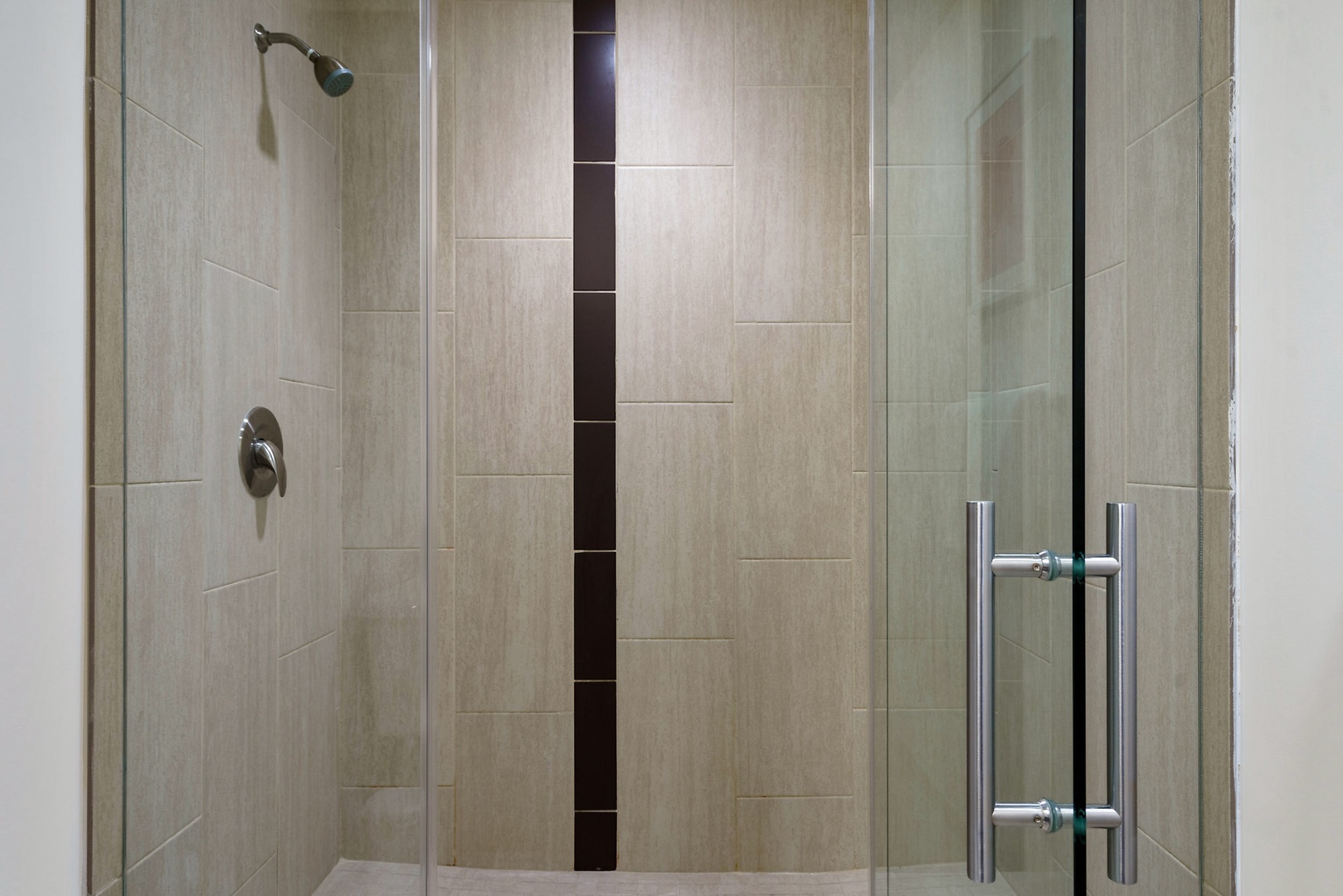 Revive in the modern walk-in shower with sleek fixtures.