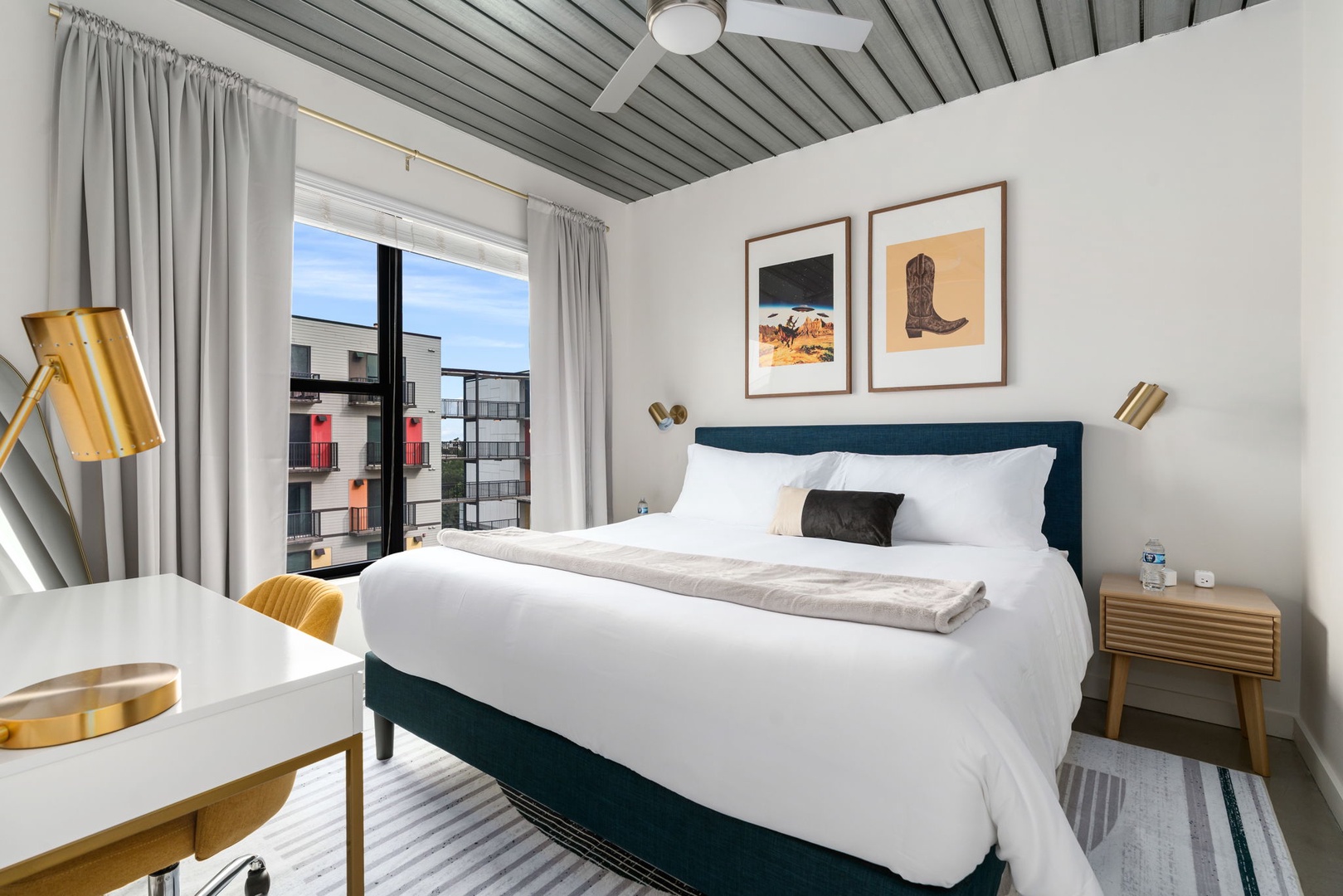 Rest in style on a memory foam bed in this cozy bedroom.