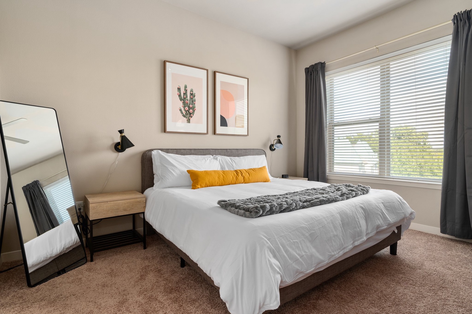 Find bliss on a memory foam bed in this comfortable bedroom.