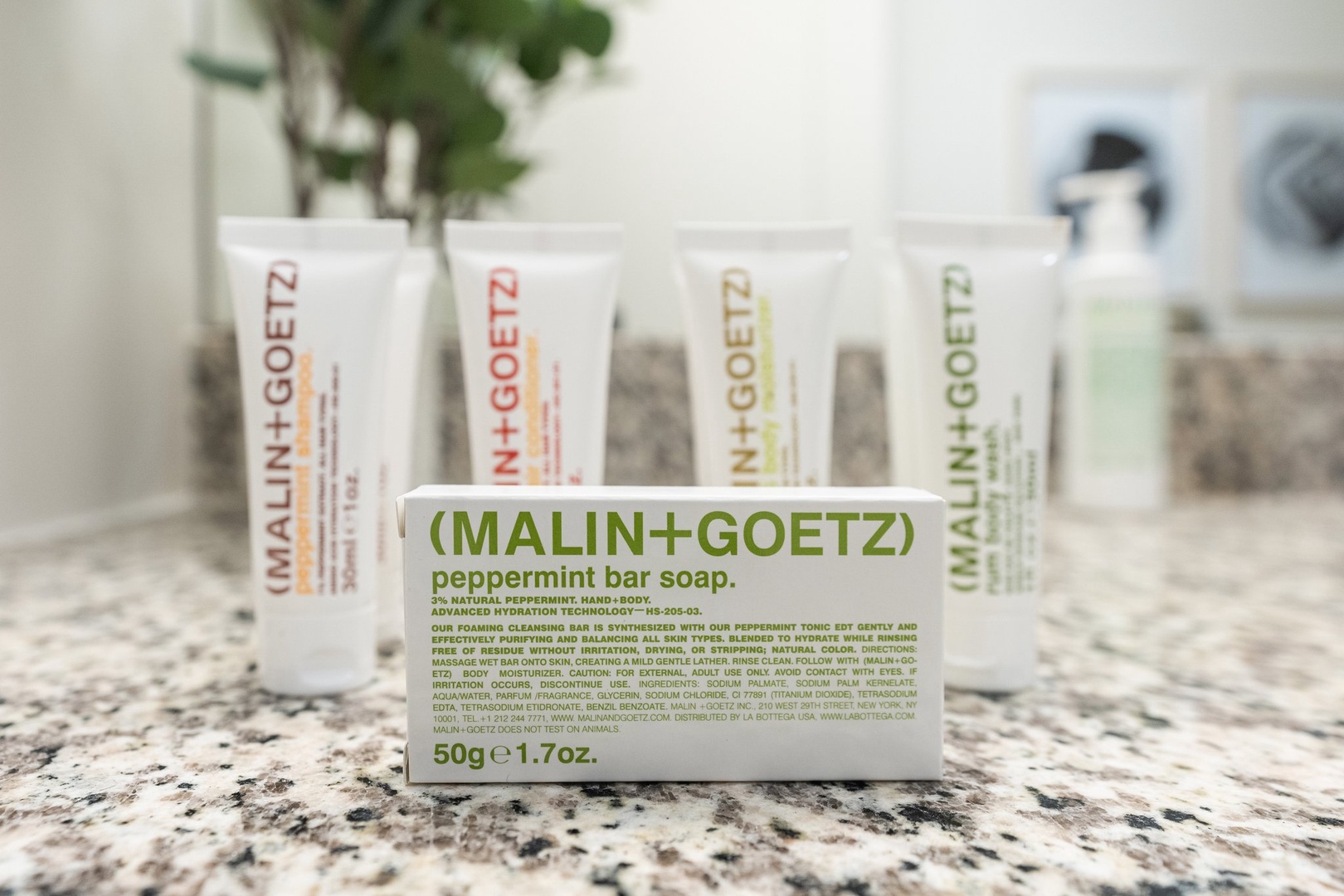 Pamper yourself with complimentary toiletries by Malin + Goetz in the bathroom.