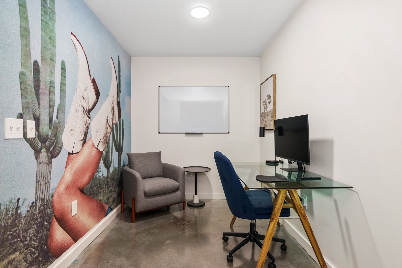 Participate in video calls in the peaceful Zoom room adorned with a mural.