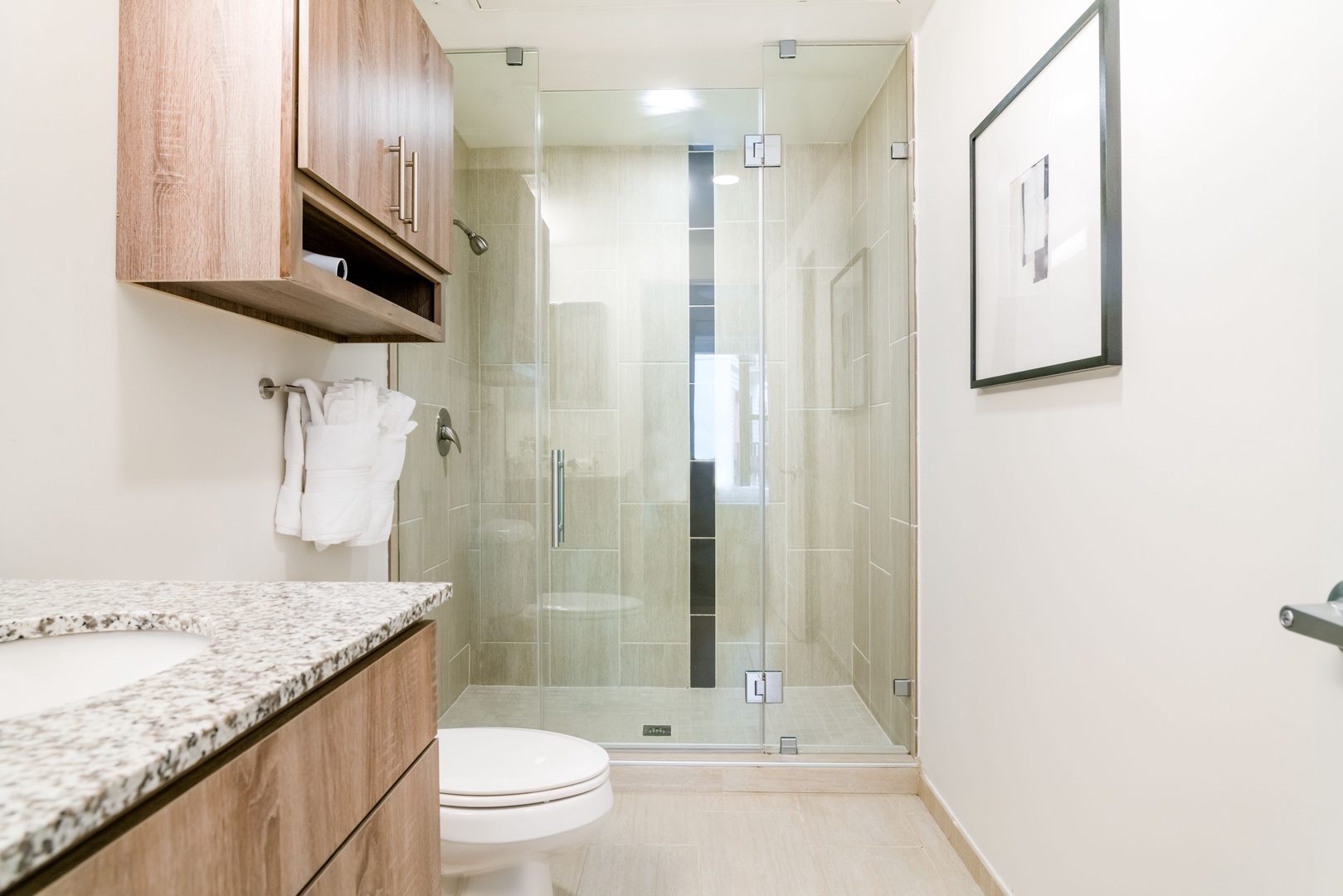 Get ready to conquer the day in the contemporary walk-in shower with stylish fixtures.