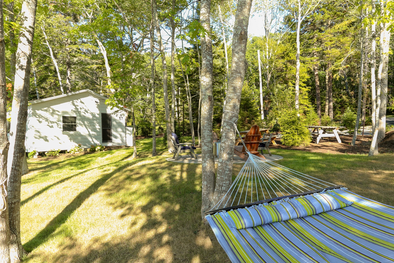 Swing gently in your hammock beneath the trees, surrounded by tall pines and fresh forest air. Adirondack chairs and picnic tables await for afternoons of complete relaxation.