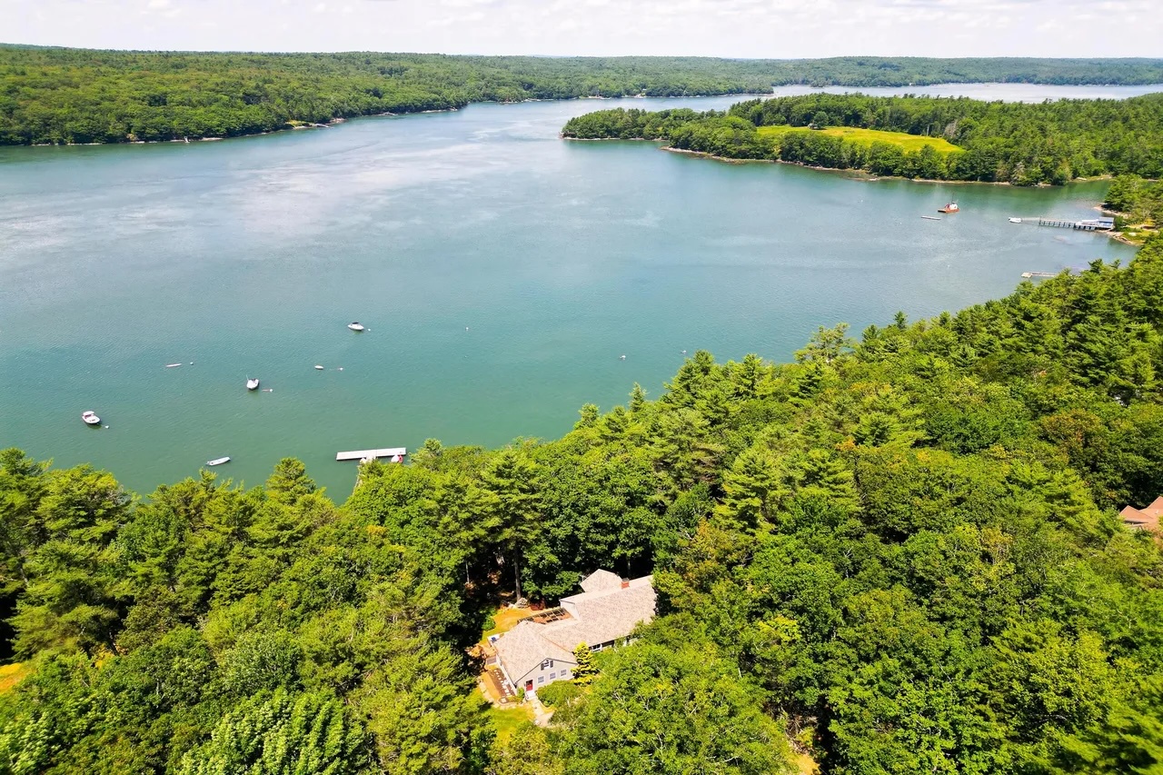 Aerial view of the home and overlook of Damariscotta River