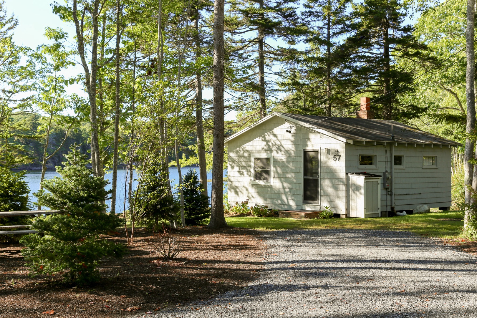 A cozy waterfront cottage nestled among towering pines, offering tranquil waterfront access and peaceful natural surroundings for your getaway.