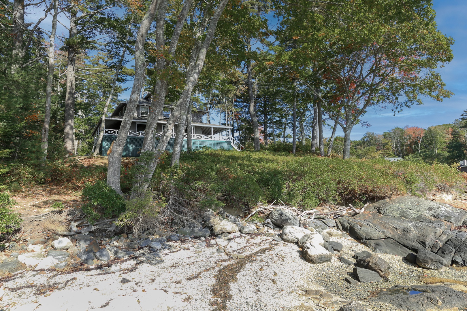 Waterfront cottage nestled among towering trees with rocky shoreline and private beach access during low tide for a peaceful coastal getaway.
