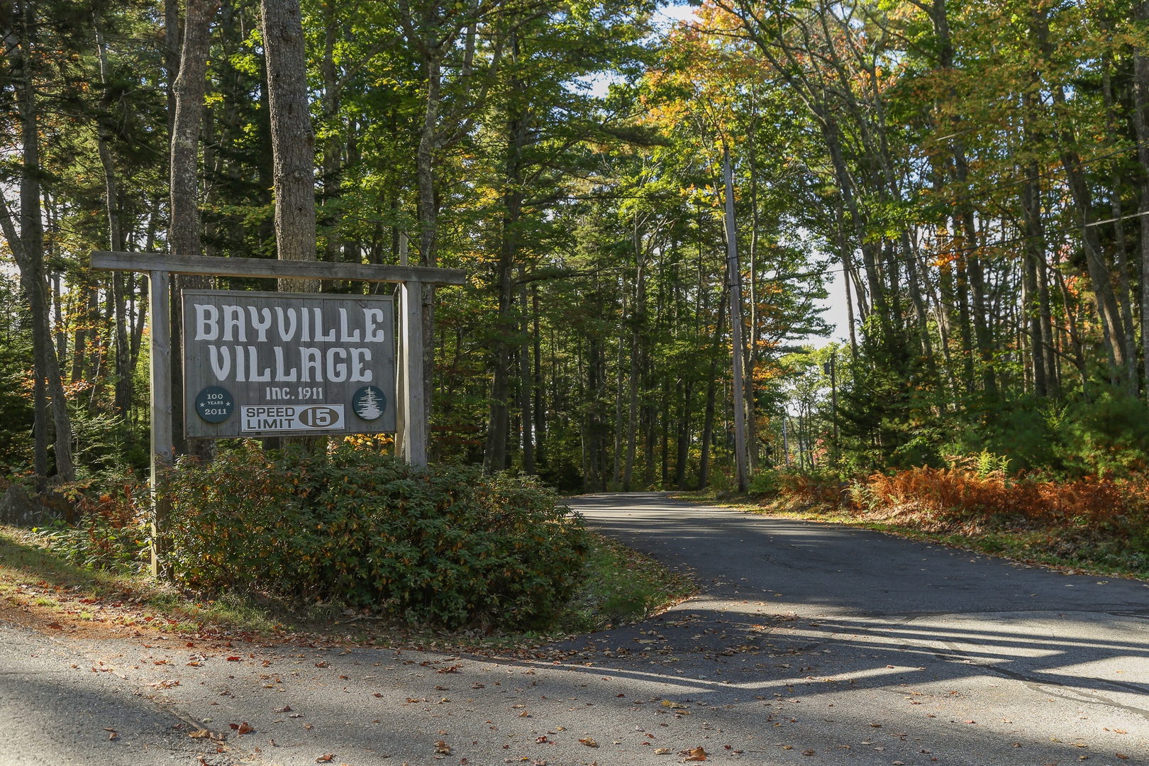 Historic Bayville Village entrance marker surrounded by beautiful foliage along a tree-lined community road.