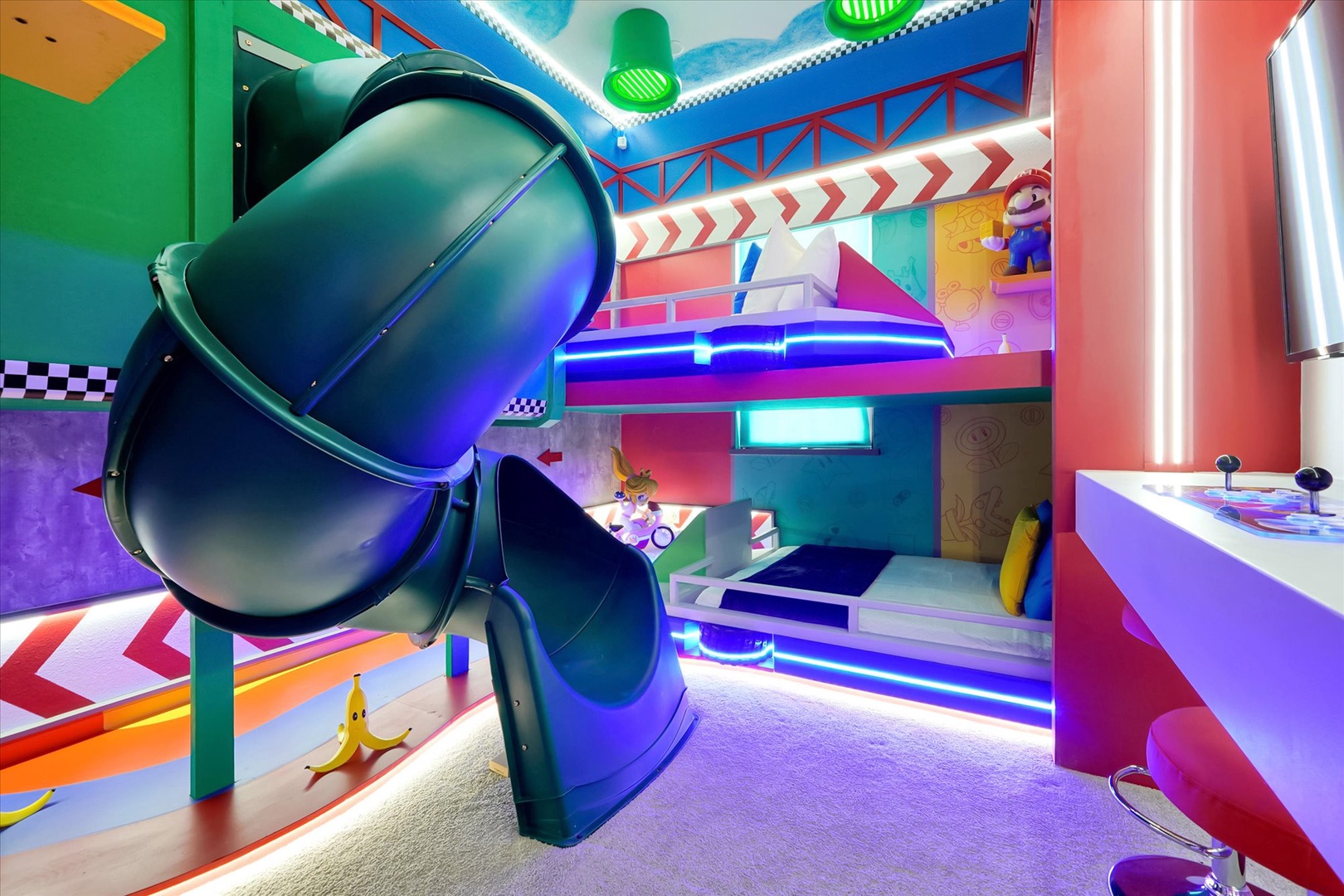 A vibrant play space with multi-level slides, interactive features, and colorful LED lighting creates an exciting indoor playground for endless fun and adventure.