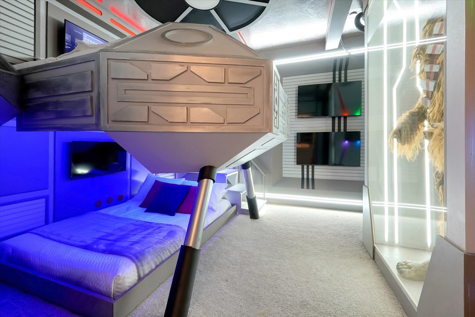 Step into your own sci-fi adventure in this uniquely themed suite, where futuristic design meets ultimate comfort with custom lighting and cinematic details.