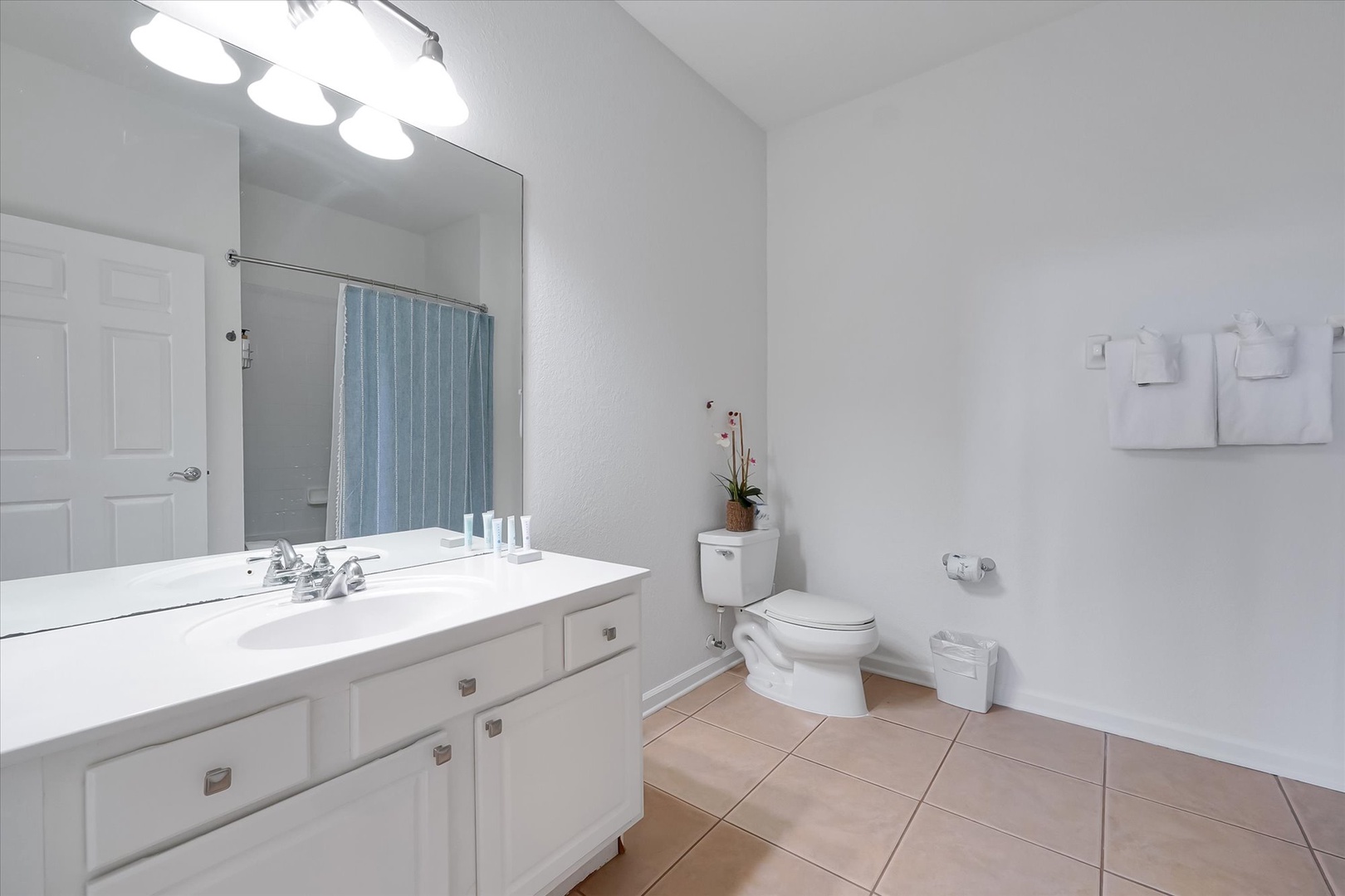 Step into your pristine private bathroom with bright vanity lighting, spacious countertop, and fresh towels waiting for you.