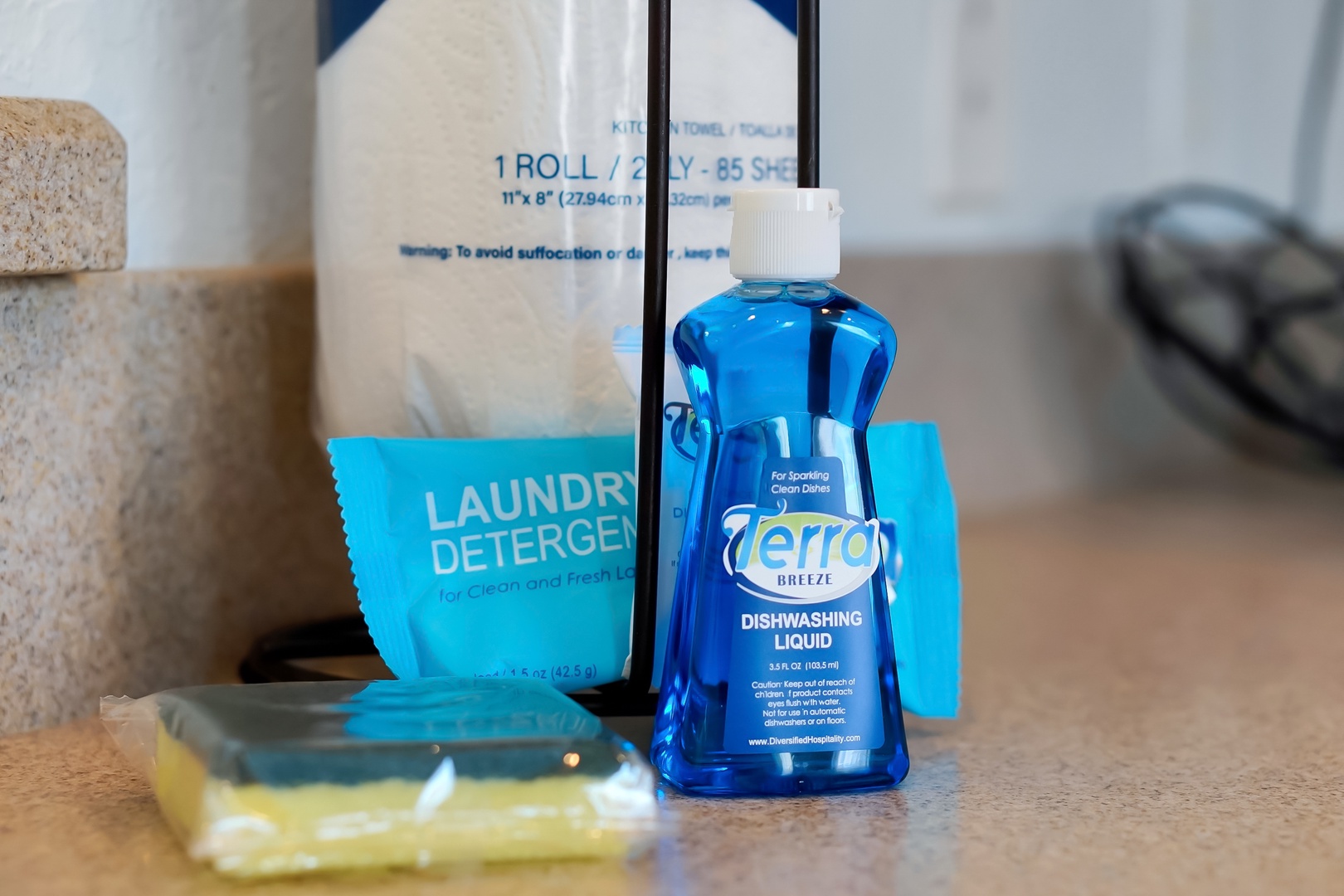 Your kitchen comes stocked with essential cleaning supplies, including dishwashing liquid and laundry detergent for your convenience.