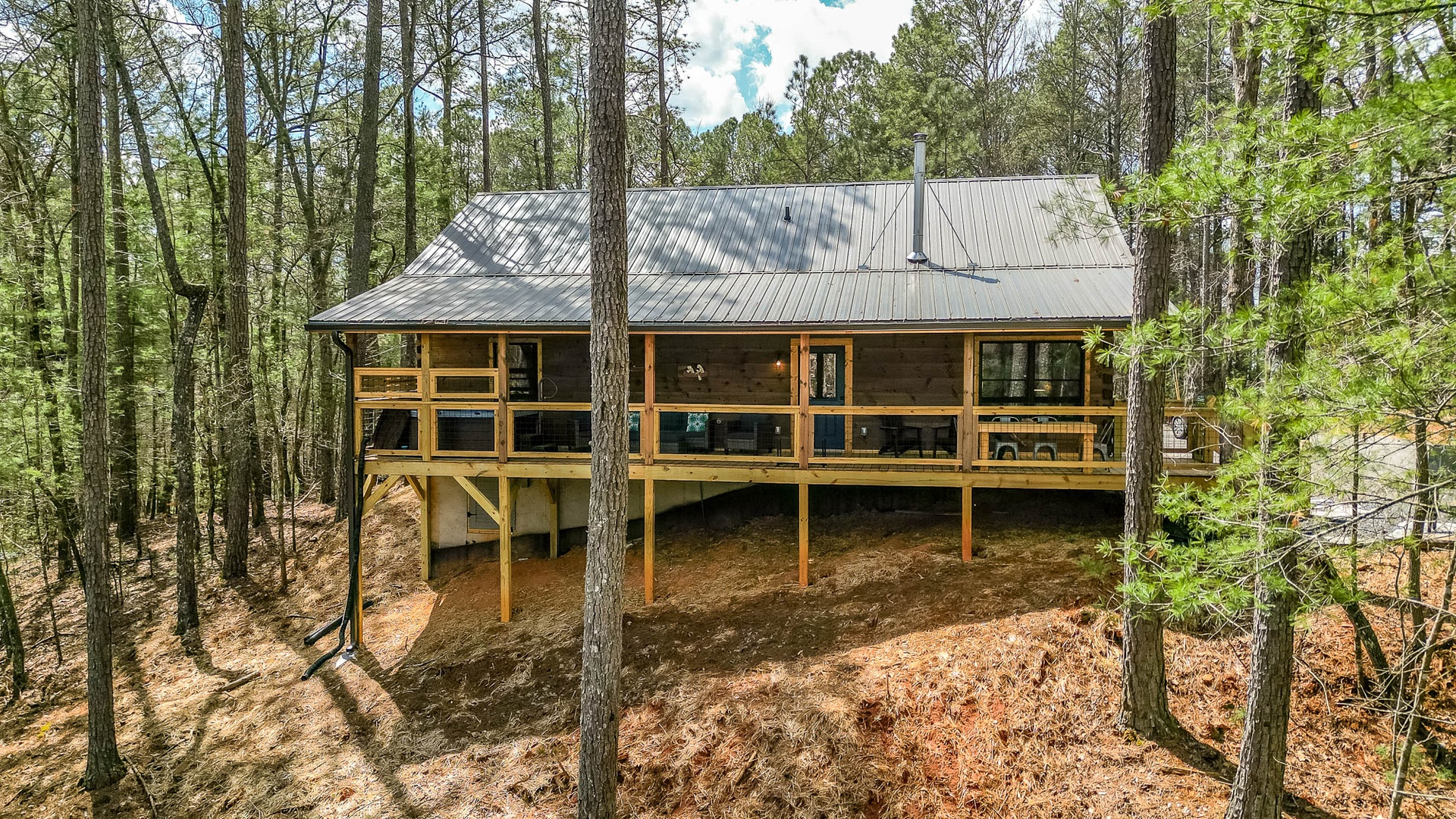 Large covered back porch overlooking woodland view