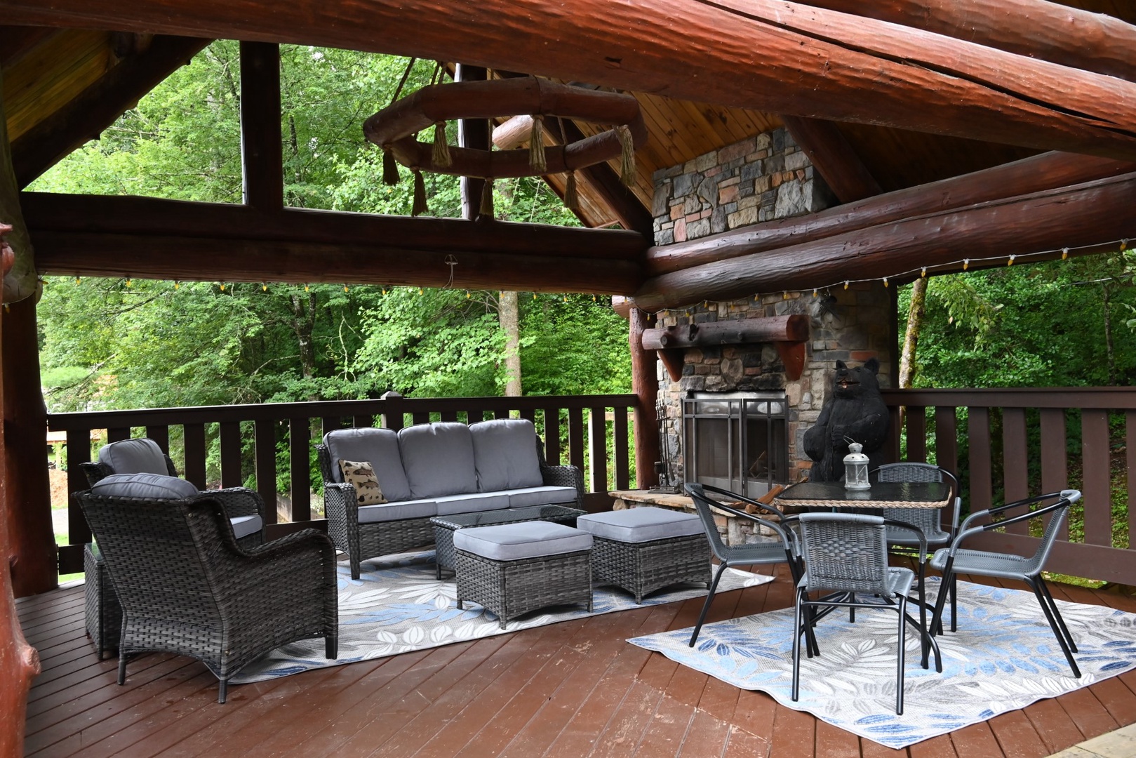 Outdoor Living room with wood burning fireplace