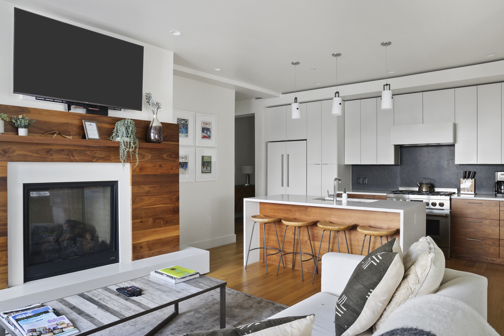 Living and Kitchen area with gas fireplace