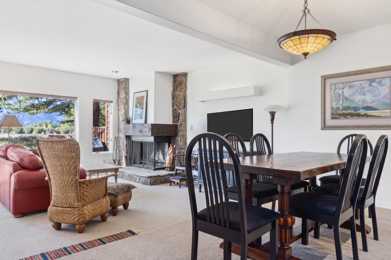 Living Room with Fireplace and Dining Area