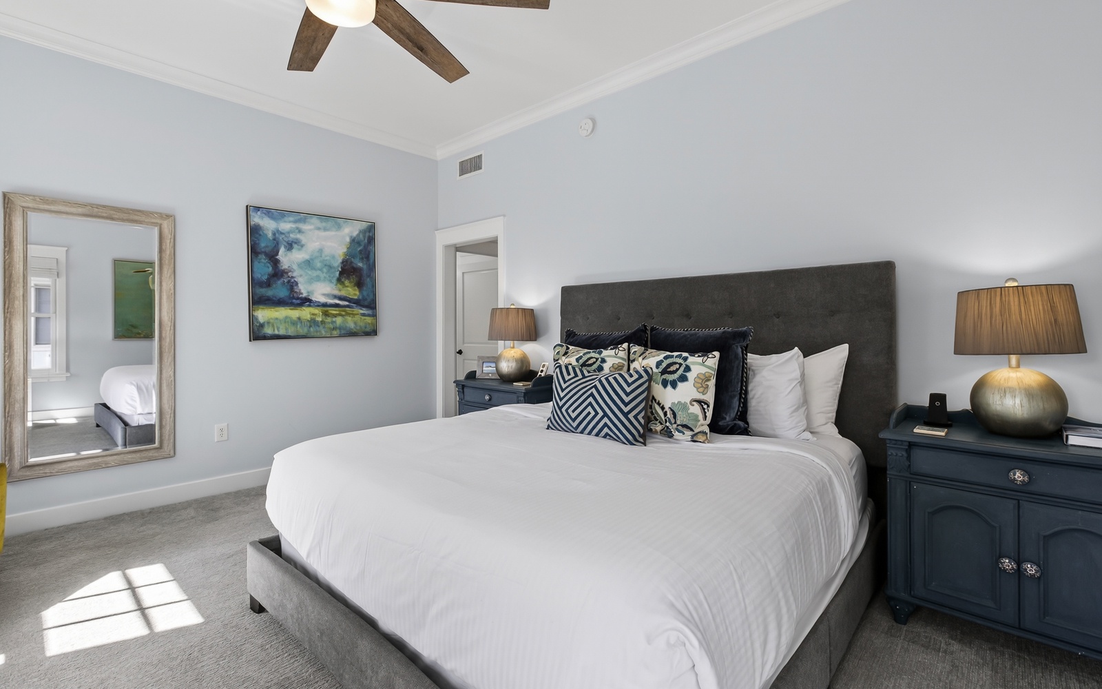 Unwind in your serene bedroom with plush bedding, stylish decor, and thoughtful touches that create the perfect retreat for restful nights.