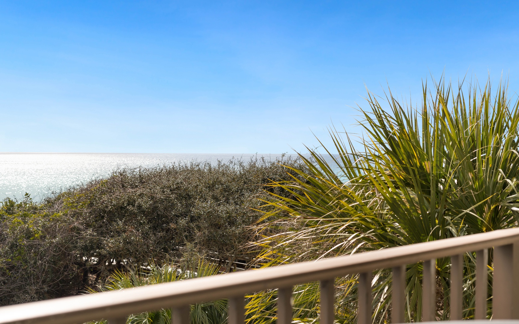 Ocean view from balcony with tropical palms and clear blue skies creating a serene coastal setting.