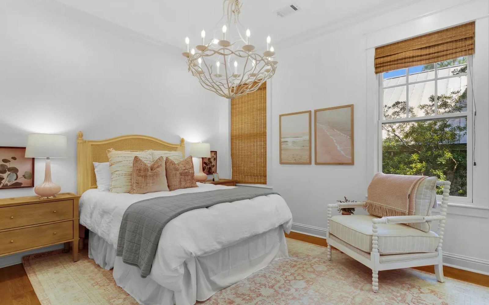 Sink into this serene bedroom where warm wood tones and soft textures create your perfect retreat for restful nights.