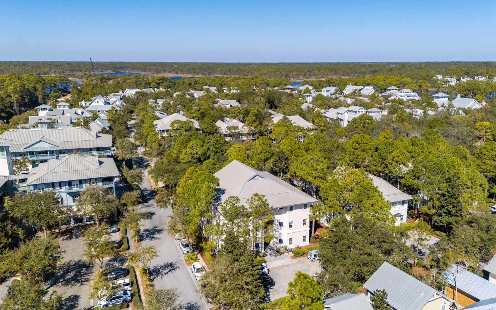 Aerial view of a charming residential neighborhood nestled among mature trees, showcasing peaceful coastal living with nearby water features visible in the distance.