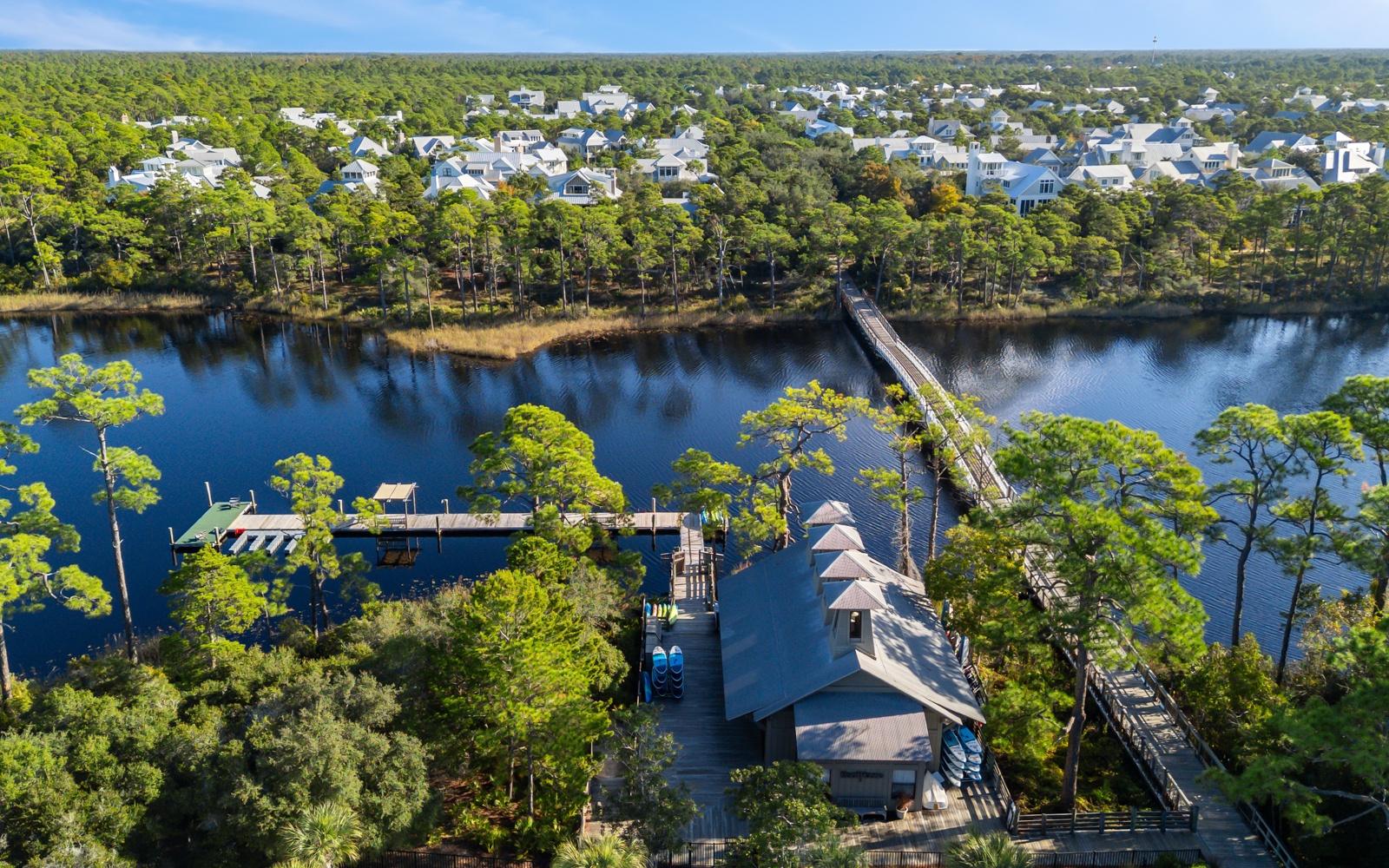Scenic coastal community with lakefront homes nestled among towering pines, featuring waterfront docks and peaceful natural surroundings.