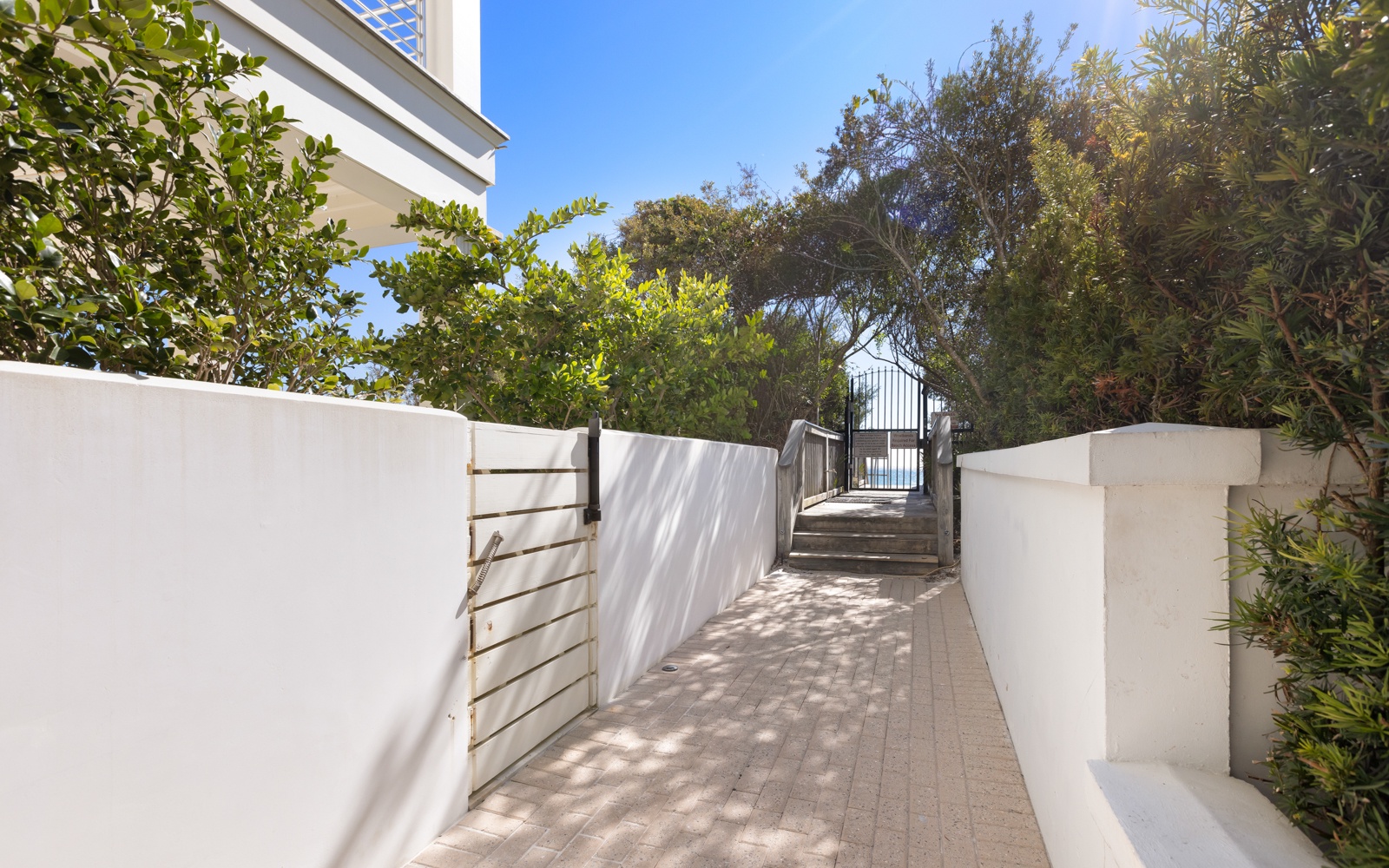 A welcoming pathway leads through lush native gardens to the property entrance, framed by mature trees and contemporary architecture.