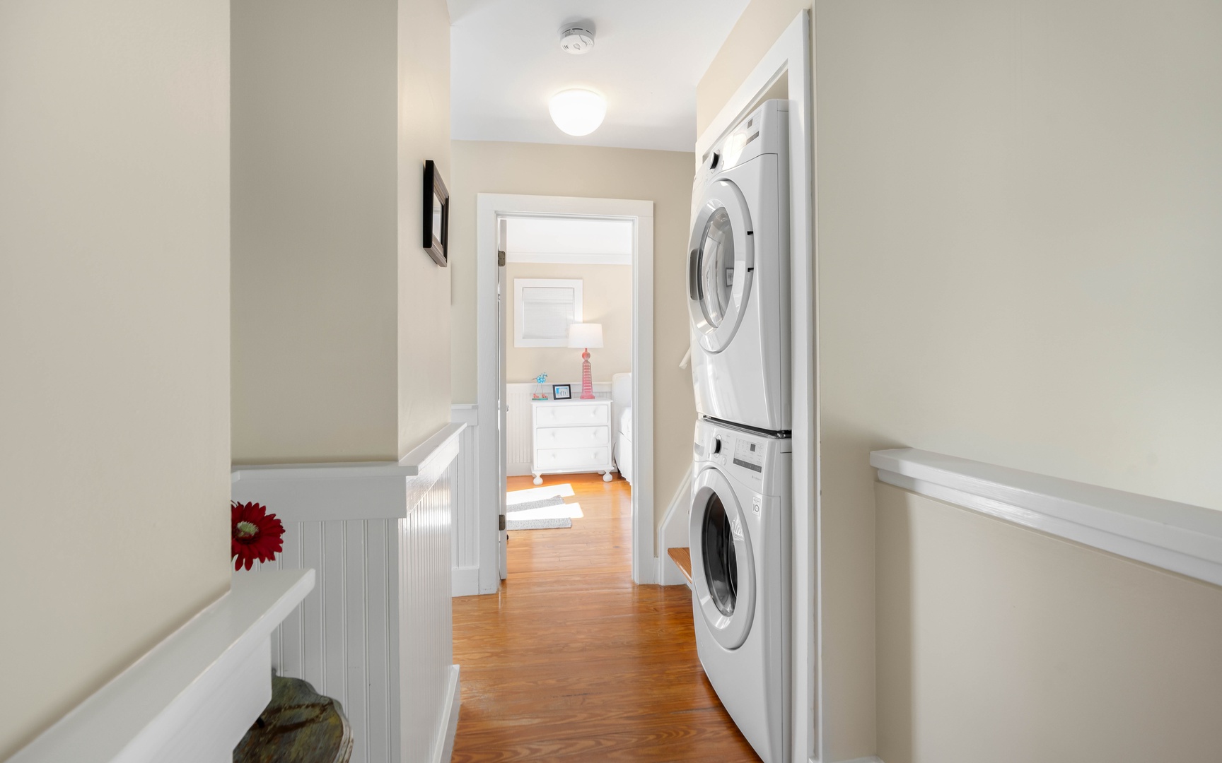 Skip the laundromat hassle with your own washer and dryer tucked conveniently upstairs, making extended stays effortless.