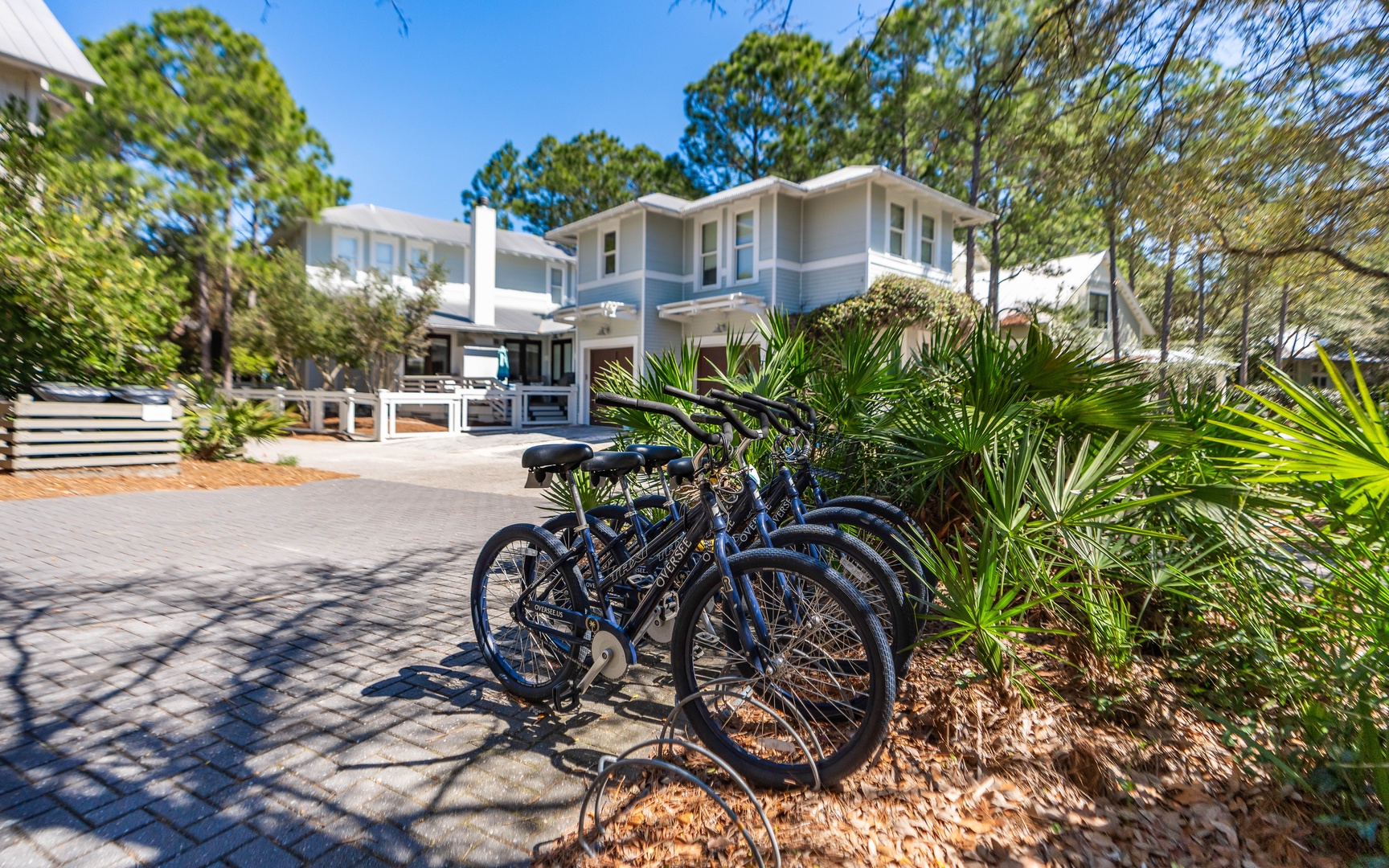 Modern vacation home nestled among mature trees with bicycles ready for your coastal adventures.