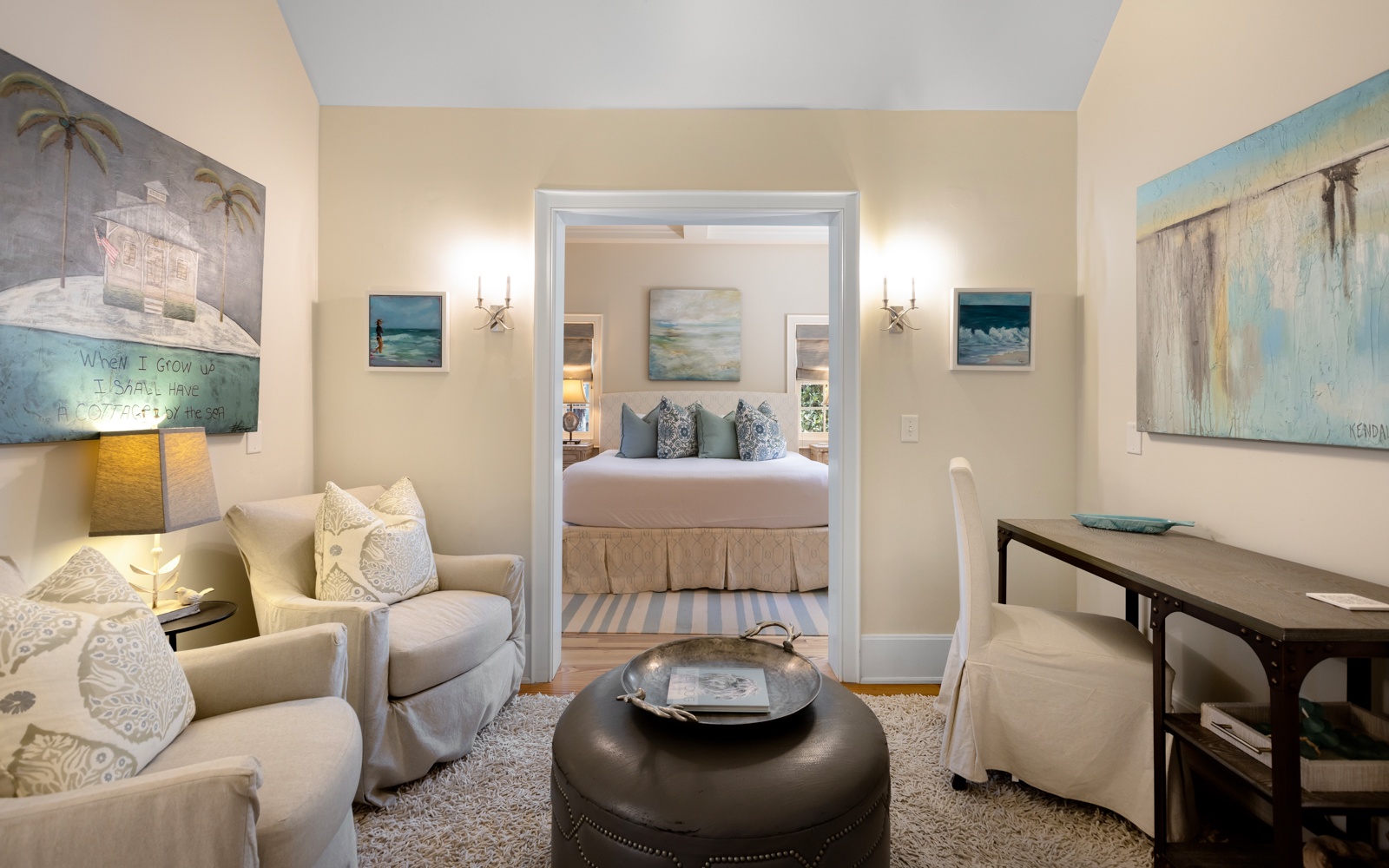 Unwind in your coastal-themed living space, where ocean-inspired art and plush seating create the perfect retreat after beachside adventures.