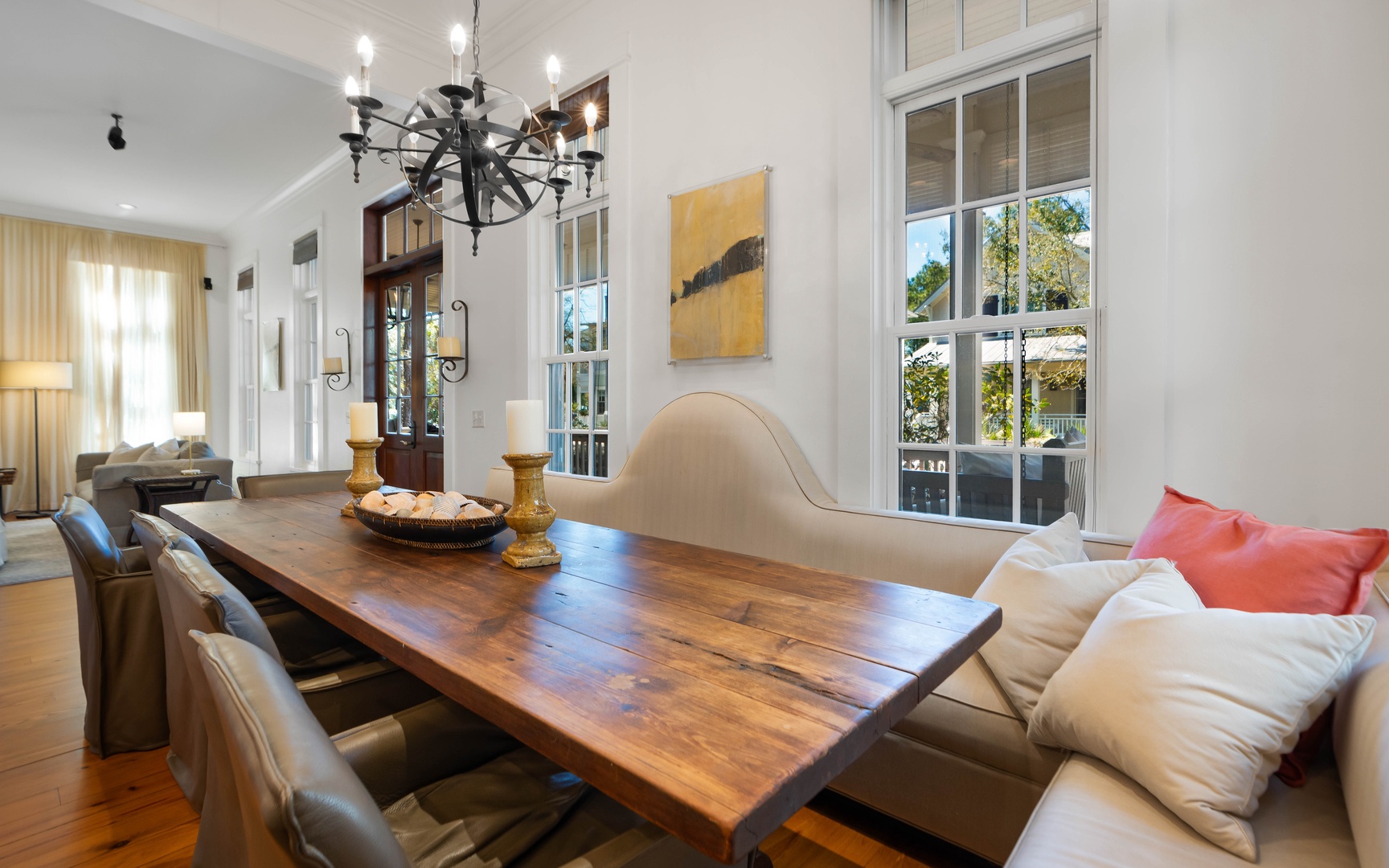 Gather around this stunning rustic dining table where memorable meals and conversations await your group.
