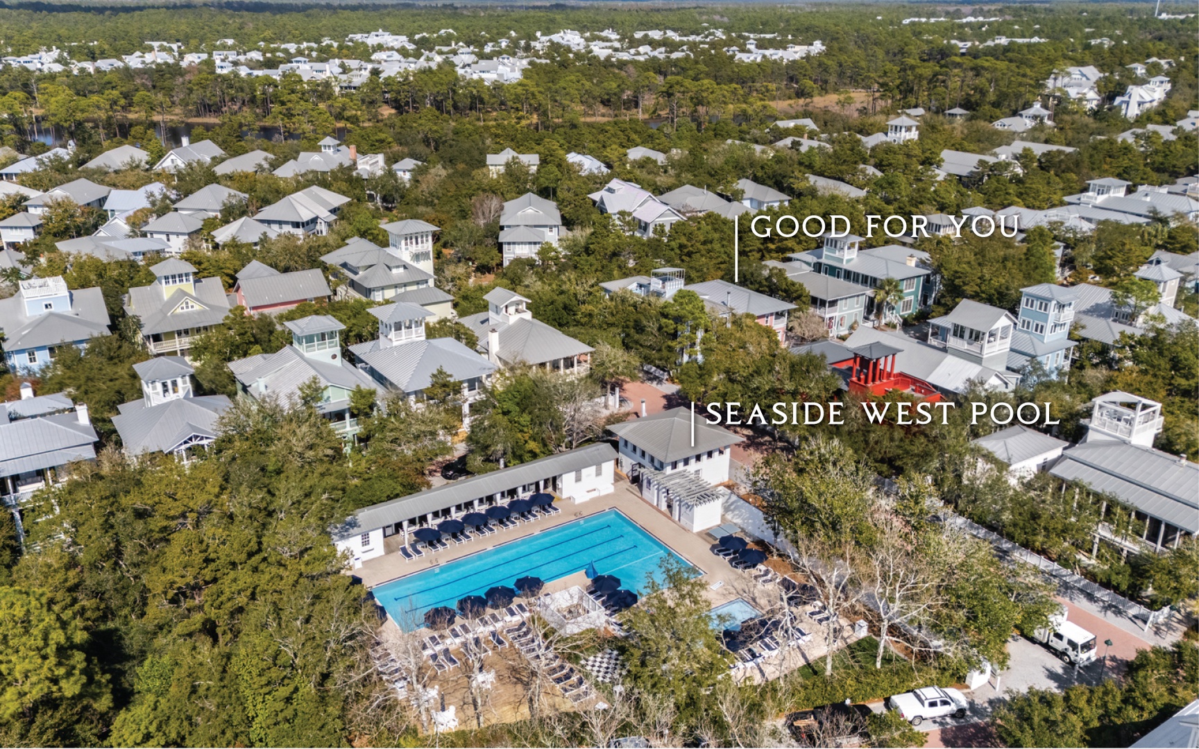 Aerial view of the Seaside community showcasing the resort-style pool complex surrounded by charming neighborhood homes.