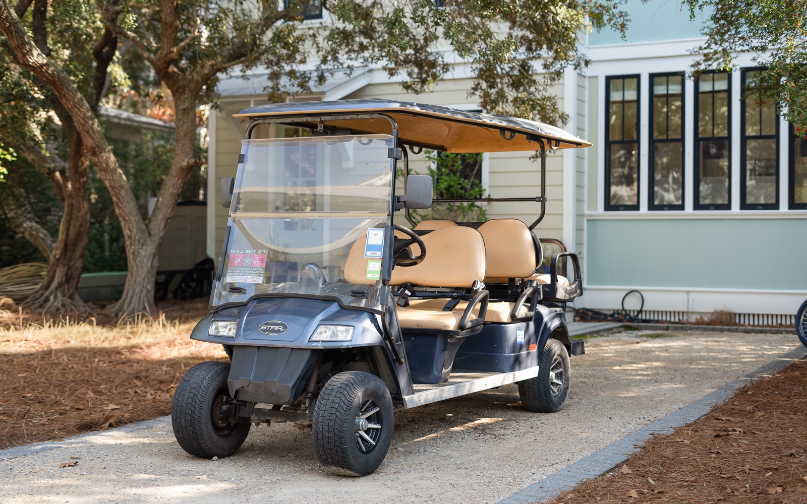 Golf cart transportation available for convenient travel around the property grounds and nearby areas.