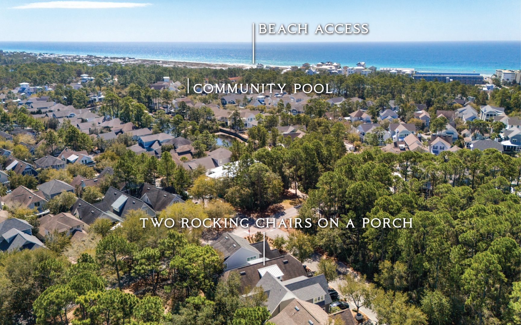 Aerial view of coastal community with homes nestled among mature trees, just minutes from pristine beaches.