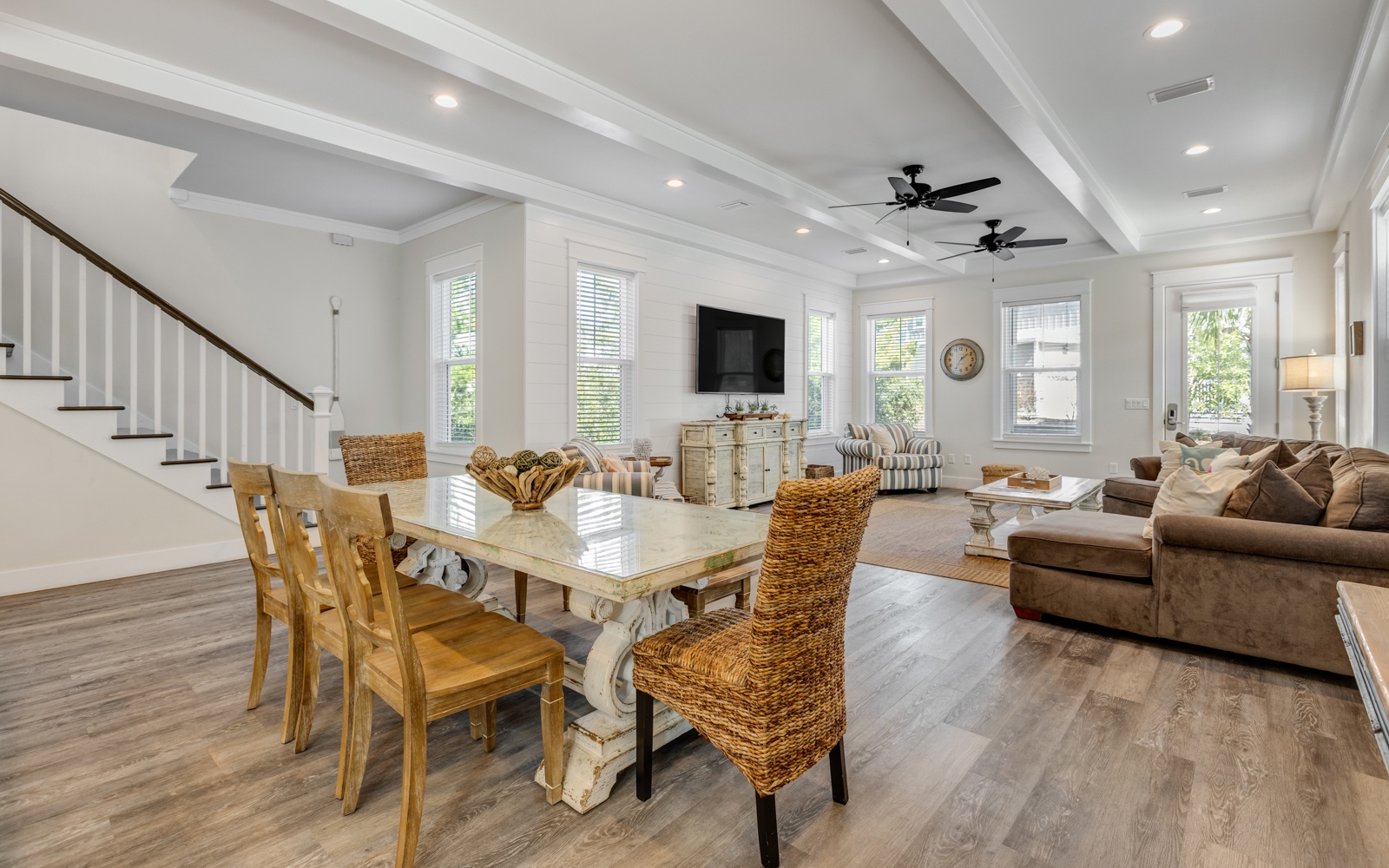 Unwind in this stunning open-concept space where exposed beams meet coastal charm, perfect for your group gatherings.