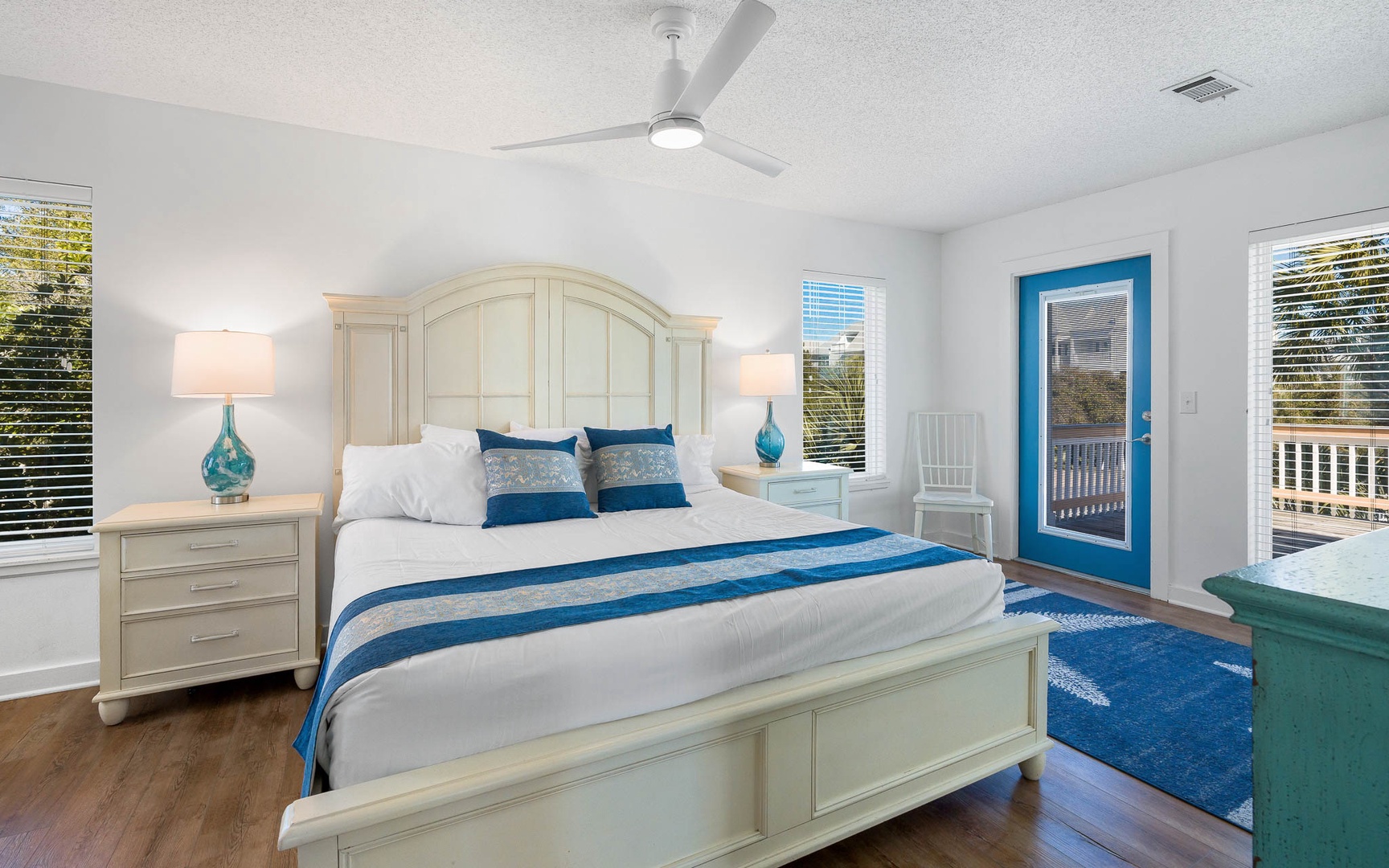 Drift off peacefully in your coastal-inspired bedroom with crisp linens and ocean blue accents creating the perfect retreat.